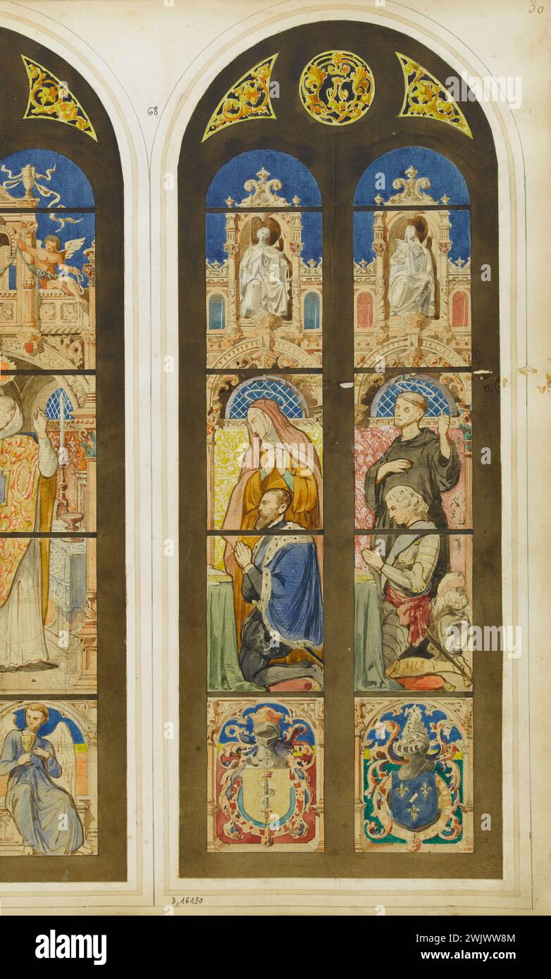 Officina GSELL-Laurent. Album n° 3; progetto vetrate per Saint-Martin de l'Isle-Adam; 2 campate; Anne de Montmorency e Sant'Anna, Luigi Francesco, principe di conti e San Francesco. Matita, acquerello, gouache. Parigi, museo Carnavalet. Album n° 3, Catholic, Chretian, Connetable Francais, Pénon, Deux, Duke, Eglise Saint-Martin, Fenetre, Gouache, Prince conti, Project, Sainte, Saint, Travee, Vitrail, Acquerello, Acquerello Foto Stock