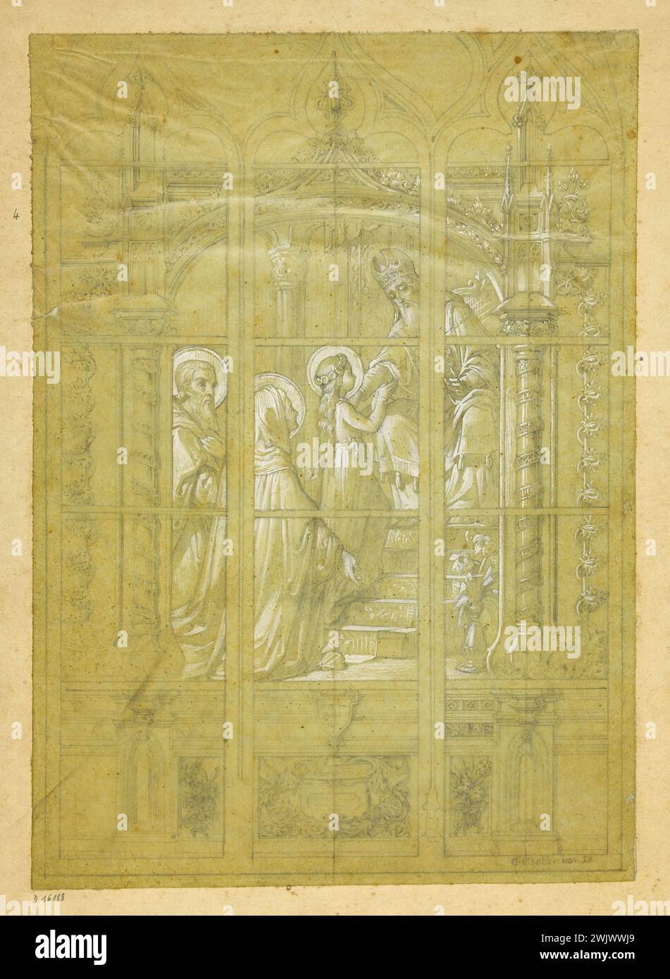 Officina GSELL-Laurent. Album n° 4; progetto di vetrate colorate per Rugles, tre vetrate: Presentazione della Vergine al Tempio. Matita, gouache su strato. Parigi, museo Carnavalet. Album numero 4, Aureole, matita, finestra tre travees, gouache su strato, presentazione vergine, progetto di vetrate colorate, rugles, tempio Foto Stock