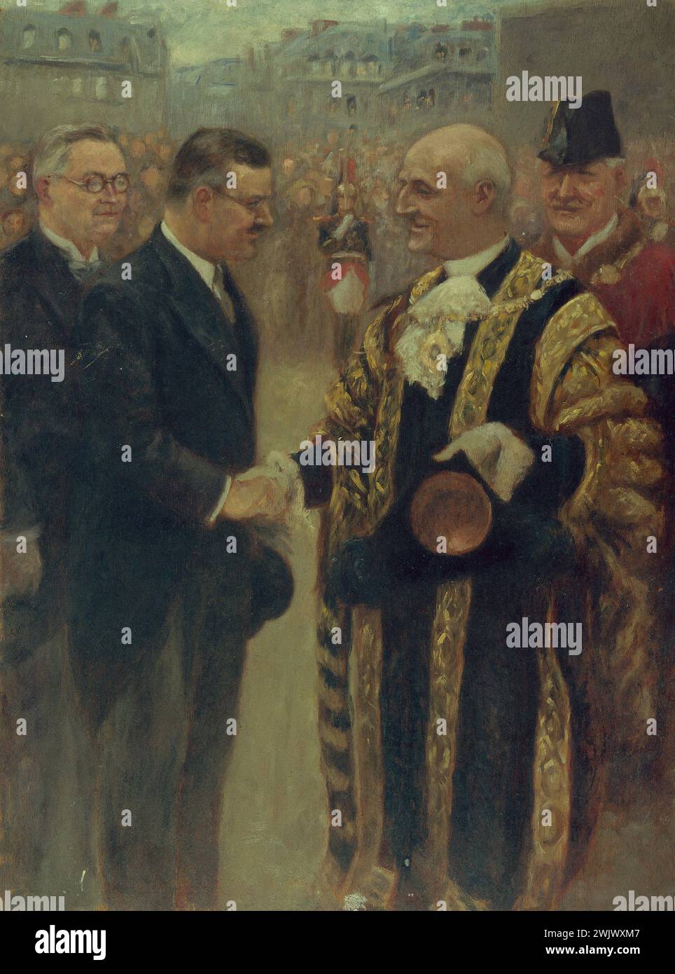 Noël Dorville. "Ricevimento ufficiale al Municipio, 18 giugno 1937, di Sir George Broadbridge, Lord Mayor di Londra: Il Lord Mayor, sulla Perron del Municipio, stringe la mano a Raymond Laurent, Presidente del Municipio". Olio su legno. Parigi, museo Carnavalet. 27110-7 inglese, arrondissement, cerimonia ufficiale, politico, municipio di Parigi, IV IV IV 4, municipio, ricevimento Foto Stock