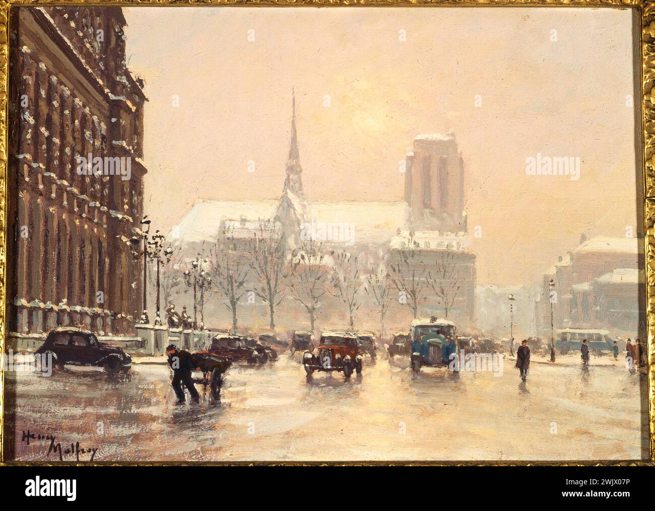 Henry Malfroy. Notre-Dame Vue de la Place de l'Hotel de Ville, con il tempo nevoso. Olio su legno. 1930 Parigi, museo Carnavalet. 76107-3 Cattedrale di Notre-Dame, Senijive, Fleche, olio su legno, neve, Place Hotel de Ville Foto Stock
