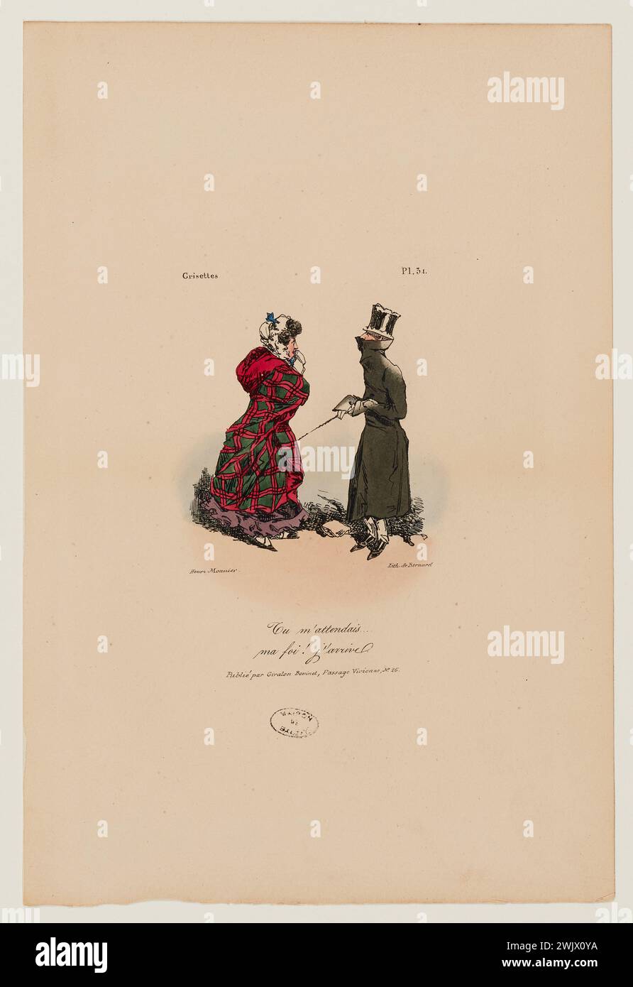 Monnier, Henry Bonaventure (n.1799-06-07-D.1877-01-03), mi stavi aspettando… la mia fede! Arrivo (titolo registrato (lettera)), 1827. litografia colorata su carta tessuta. Casa di Balzac. Foto Stock