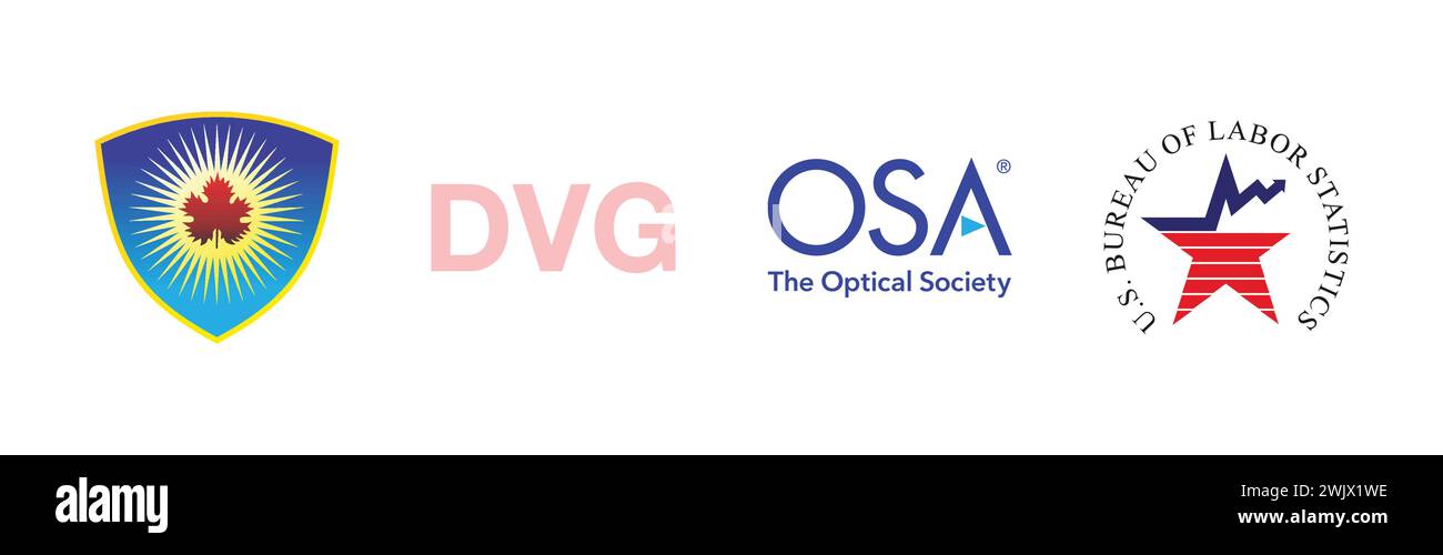 Comune di Theranda, OSA Optical Society, partito francese DVG, Bureauof statistiche sul lavoro, popolare collezione di logo del marchio. Illustrazione Vettoriale