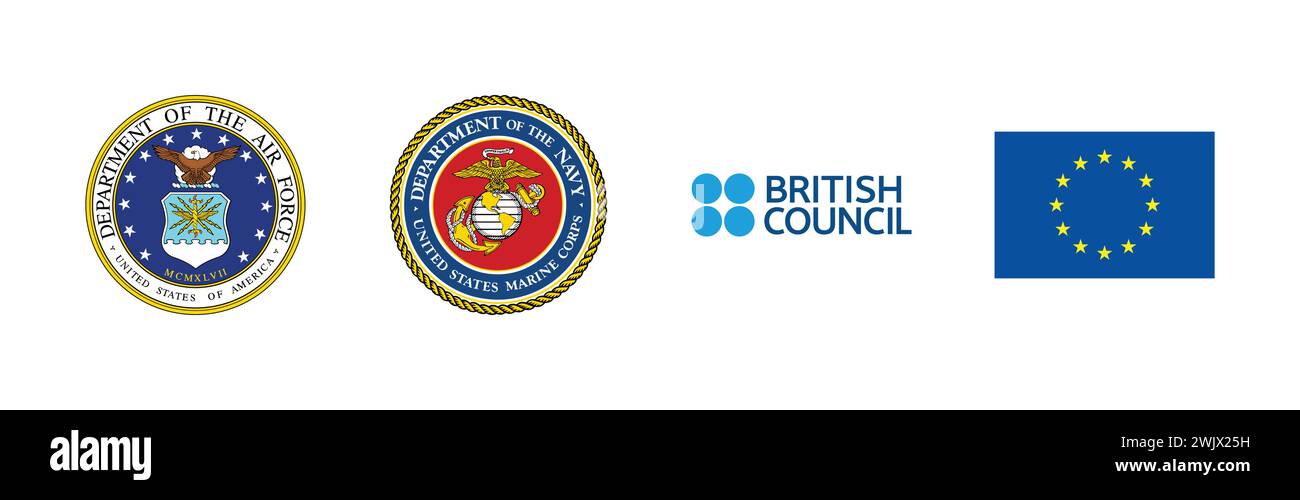 Bandiera UE, British Council, US Air Force, United States Marine Corps, famosa collezione di logo del marchio. Illustrazione Vettoriale