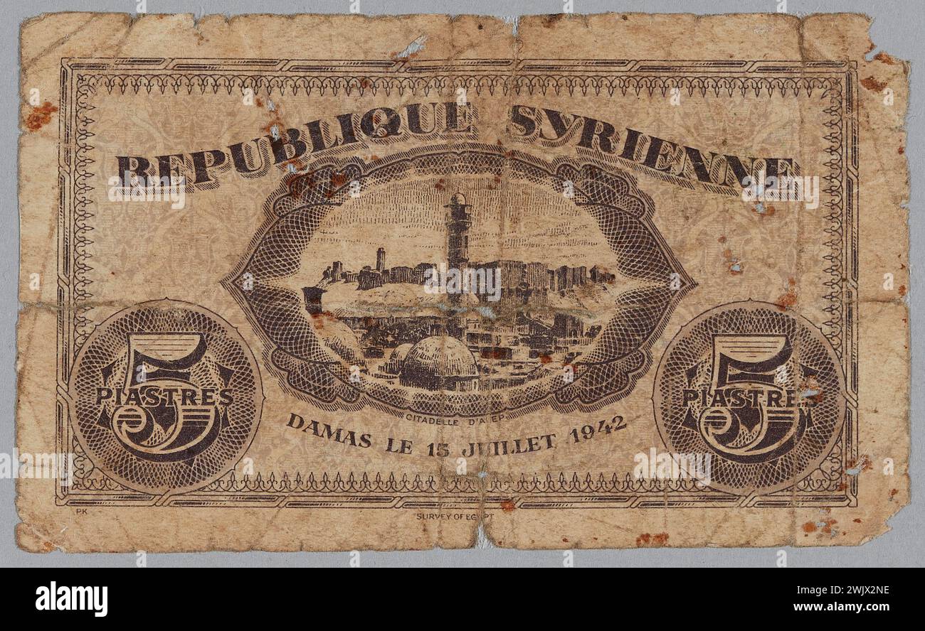Indagine sull'Egitto (n.-d.), biglietto di 5 porzioni della Repubblica siriana (titolo attribuito), 1942-07-15. Carta, inchiostro. Museo della Liberazione di Parigi - Museo generale Leclerc - Museo Jean Moulin. Foto Stock