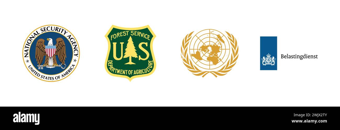 Belastingdienst, Forest Service Official, emblema delle Nazioni Unite, National Security Agency (NSA), famosa collezione di logo del marchio. Illustrazione Vettoriale