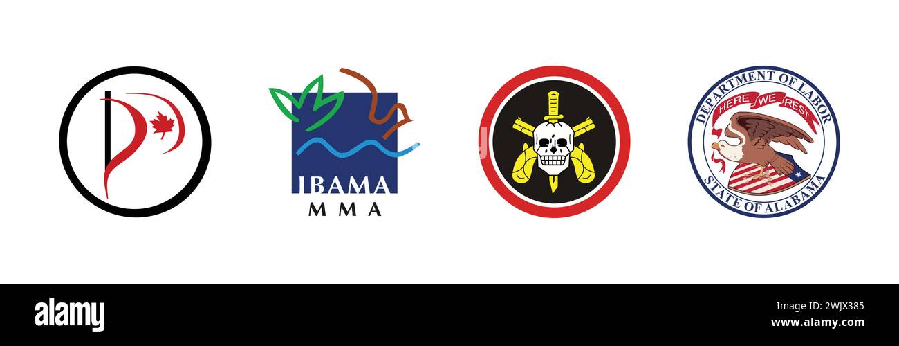 Alabama Department of Labor, Pirate Party of Canada, BOPE FACA na Caveira, IBAMA, famosa collezione di logo del marchio. Illustrazione Vettoriale