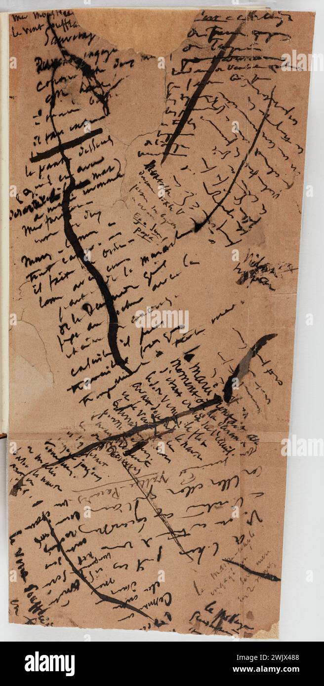 Hugo, Victor (N.1802-02-26-D.1885-05-22), Cotau per il lavoro latt del mare (titolo fittizio), 1864. L'inchiostro è presente sulla carta marrone. Casa di Victor Hugo - Casa di Hauteville. Foto Stock