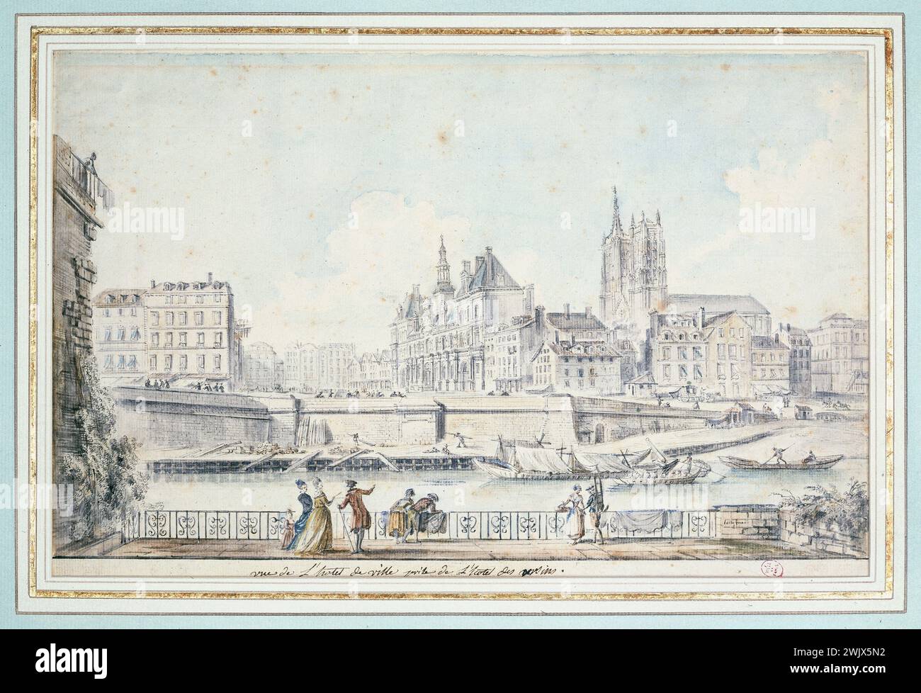 Jean-Baptiste Lallemand. "Vista del municipio presa dall'Hôtel des Ursins (Ile de la Cité)". Parigi, museo Carnavalet. 39798-3 Arrondissement, Hotel de Ville de Paris, Hotel des Ursins, Ile de la Cité, IV IV IV 4, municipio, quai, Senna Foto Stock