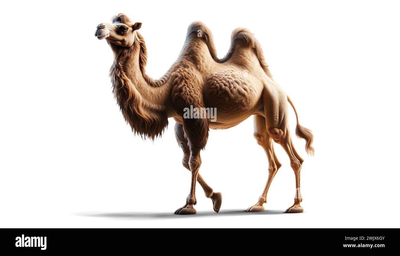 Un elegante cammello si staglia su uno sfondo bianco, il suo sguardo cattura la grazia senza tempo del deserto Foto Stock