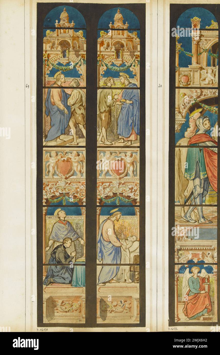 Officina GSELL-Laurent. Album n° 3; progetto vetrate per Saint-Martin de l'Isle-Adam; 2 campate; 4 soggetti: 3 scene della vita di Cristo, donatore della vetrata e suo santo patrono. Matita, acquerello, gouache. Parigi, museo Carnavalet. Album n° 3, cattolico, cristiano, matita, due, donatore, chiesa di Saint-Martin, Son god, fenetre, gouache, progetto, quattro, patrono, soggetto, travee, vie christ, vitrail, acquerello, scena Foto Stock