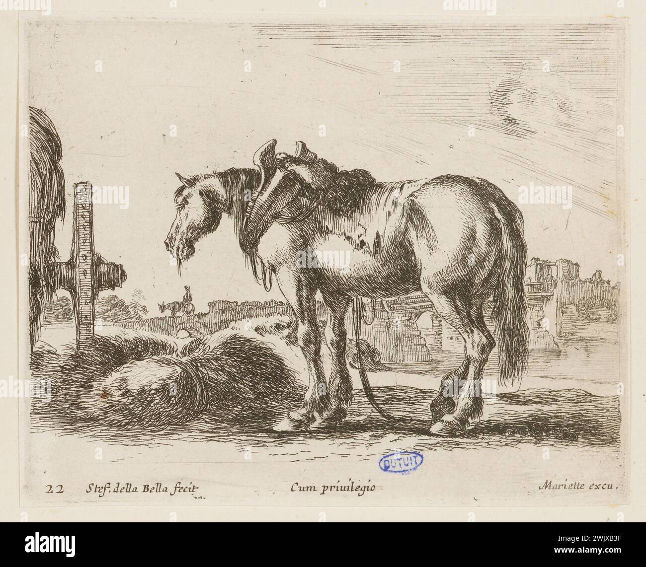 Della bella, Stefano (dit Étienne de la Belle) (n.1610-05-18-D.1664-08-22), diversi animali. Un cavallo carretto ha rilevato e mangiato un pagliaio. Ventiduesimo numero di una suite di 24 pezzi. (A. de Vesme 711; Dutuit 140) (titolo principale). Incisione. Petit Palais, Museo di Belle Arti della città di Parigi. Foto Stock