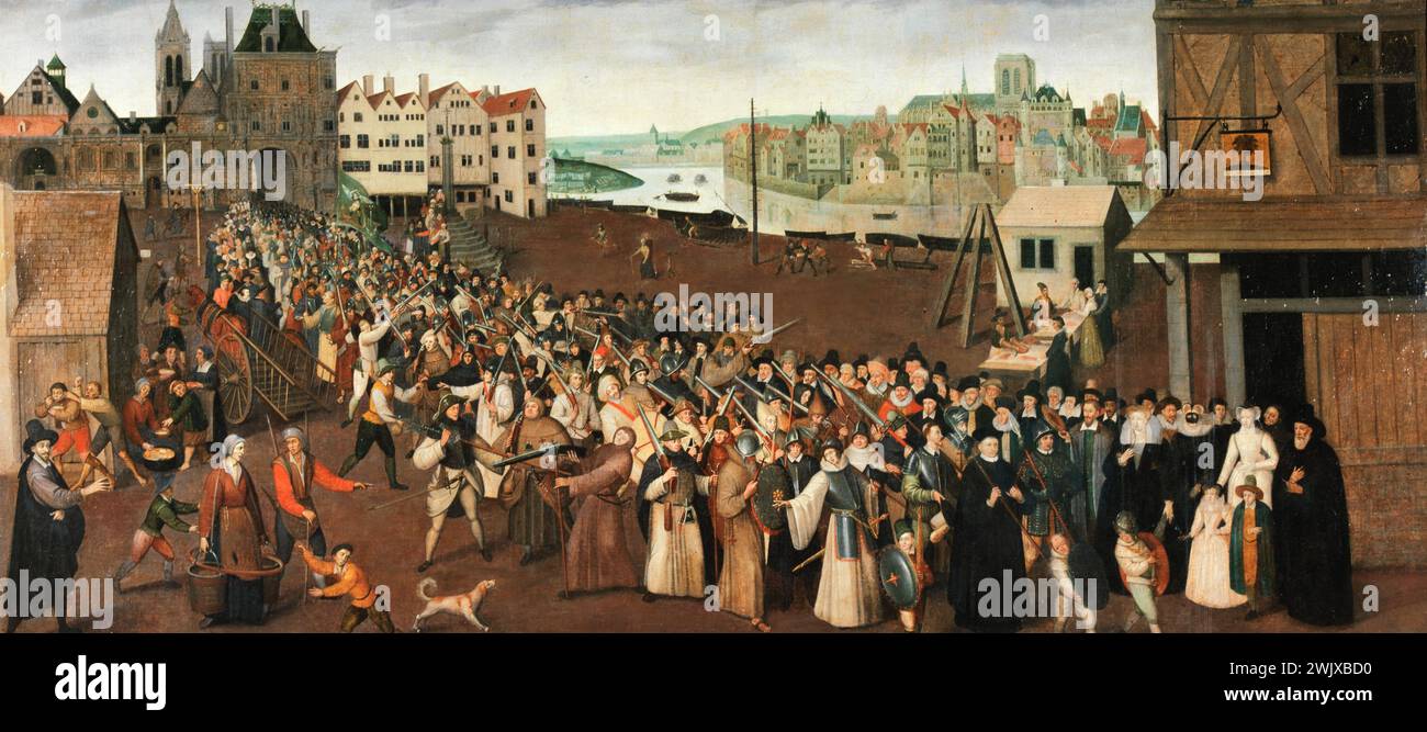 Processione della Lega, lasciando la galleria Saint-Jean del Municipio, nel 1590 o 1593 '. Anonimo. Olio su tela. Parigi, museo Carnavalet. 25520-1 Anonimo, Arcade Saint-Jean, arrondissement 4th IV 4th 4, cattolicesimo, War Religion, City Hotel Paris, League, uscita, uscita, olio su tela, Processione, scena Foto Stock