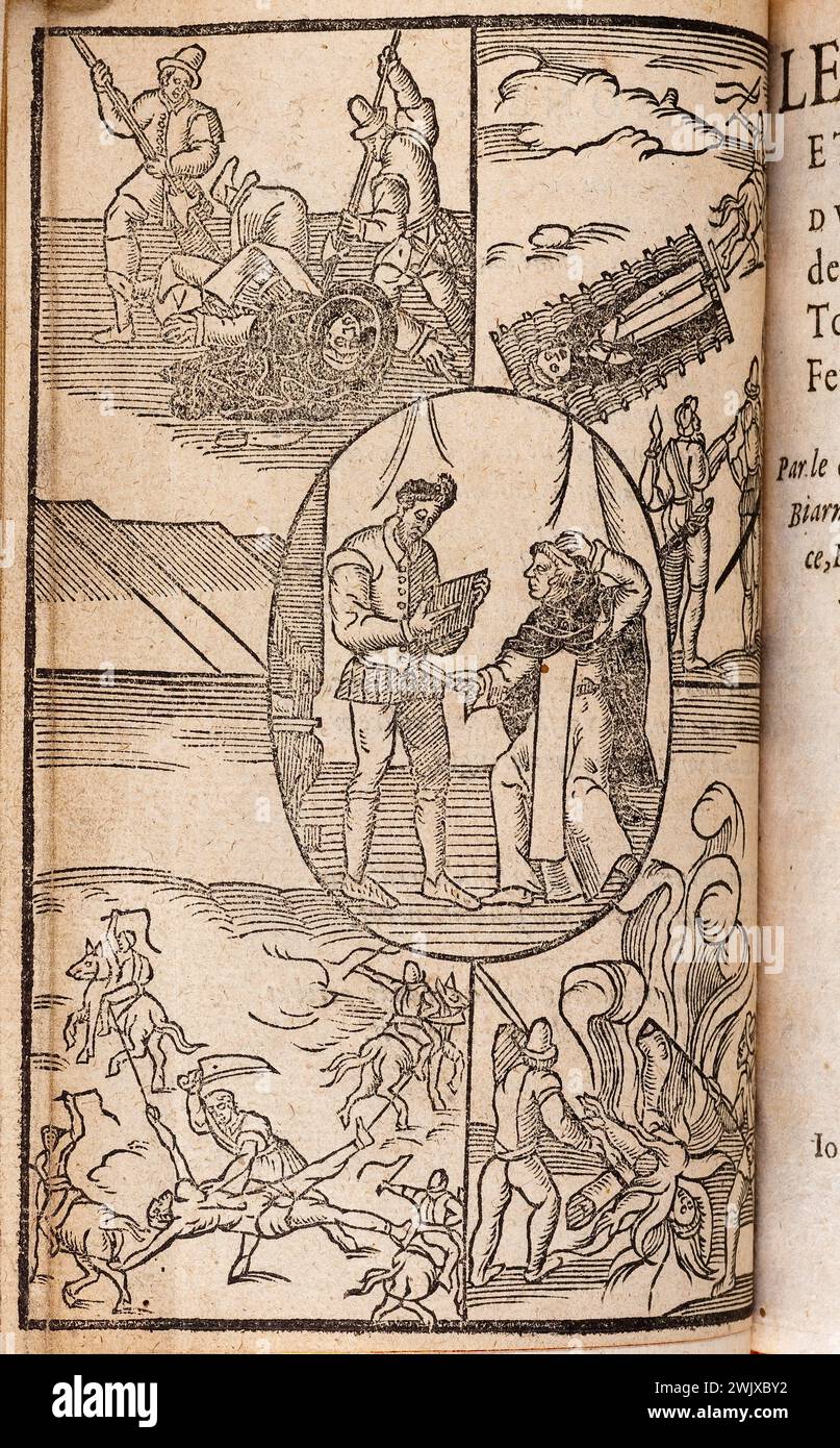 Disprezza il giovane. Bulle di nostre San padre il Papa Sisto V contro Enrico de Valois, 1590. Il martire di frate Jacques Clément dell'ordine di Saint-Dominique, che contiene nel vero tutte le particolarità più notevoli della sua risoluzione Saincte e molto felice impresa al contrario di Enrico de Valois. Parigi, Robert le Fizelier. Dettagli. Ultimo volantino non numerato; Medaglione dell'assassinio di Enrico III incorniciato da 4 scene della tortura di Jacques Clément. Museo delle Belle Arti della città di Parigi, Petit Palais. Il martire di Frere Jacques Clement dell'ordine di sa Foto Stock