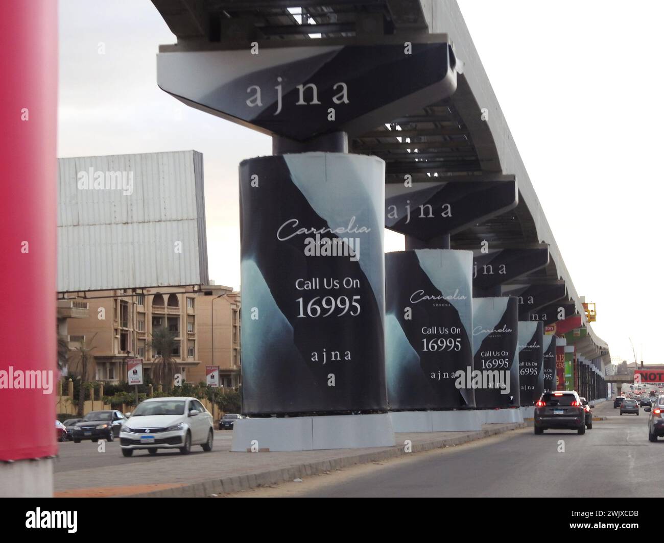 Cairo, Egitto, gennaio 26 2024: Ajna Development Carnelia Sokhna project advertising on Cairo monorail columns, advertising banner pubblicitari Foto Stock