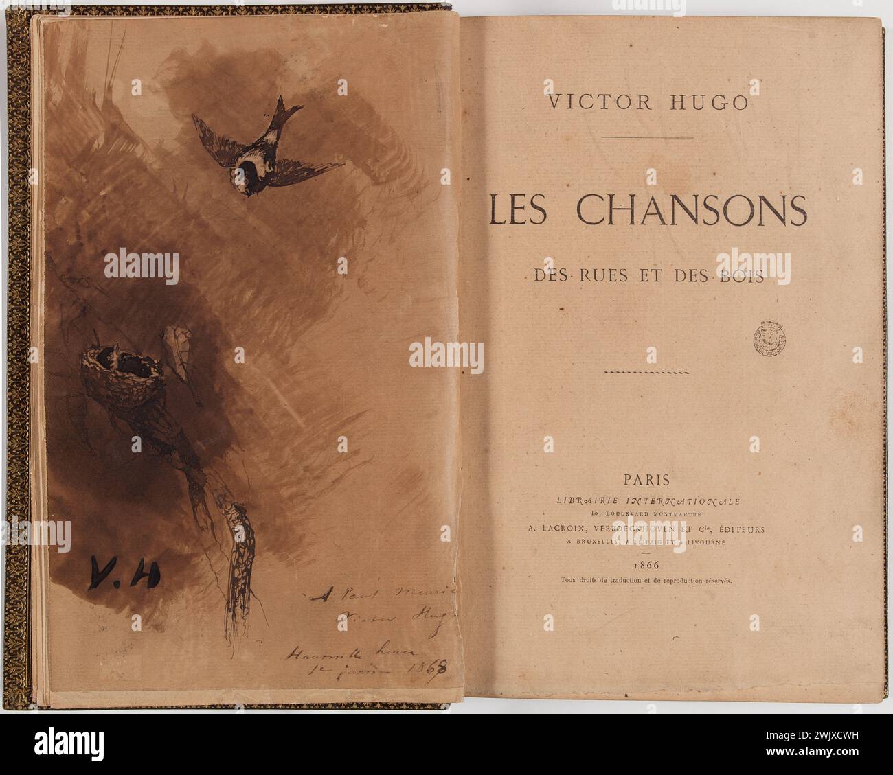 Victor Hugo (1802-1885). Le canzoni delle strade e dei boschi. 1866 Parigi, casa di Victor Hugo. 76852-22 canzone, rondine, libro, nido, uccello, pagina di guardia Foto Stock