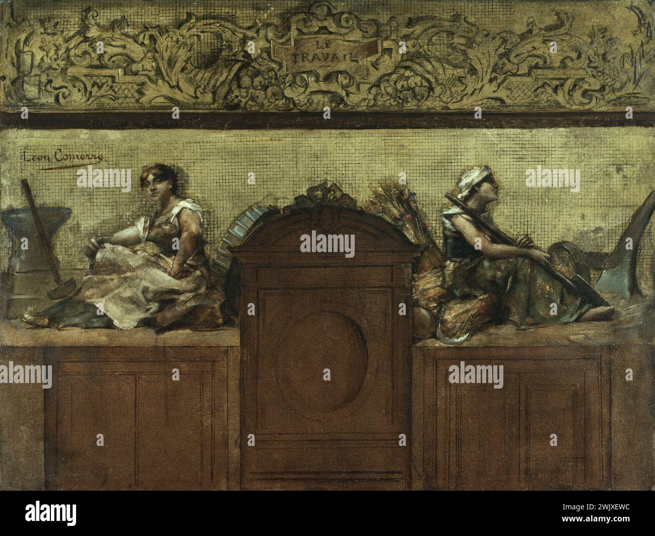 Léon-Francois Comerre (1850-1916). "Lavoro". Bozzetto per la sala matrimoni del municipio del 15° arrondissement di Parigi. Olio su tela. 1884. Museo di Belle Arti della città di Parigi, Petit Palais. Allegoria, arte figurativa, agricoltura, incudine, donna, figura allegorica, industria, municipio, martello, oggetto simbolico, carattere allegorico, sala per matrimoni, aratura, lavoro, lavoro femminile, XIX XIX XIX XIX XIX XIX XIX XIX secolo, XVEM XV XV XV XV XV XV XV XV XV XV arrondissement, olio su tela Foto Stock
