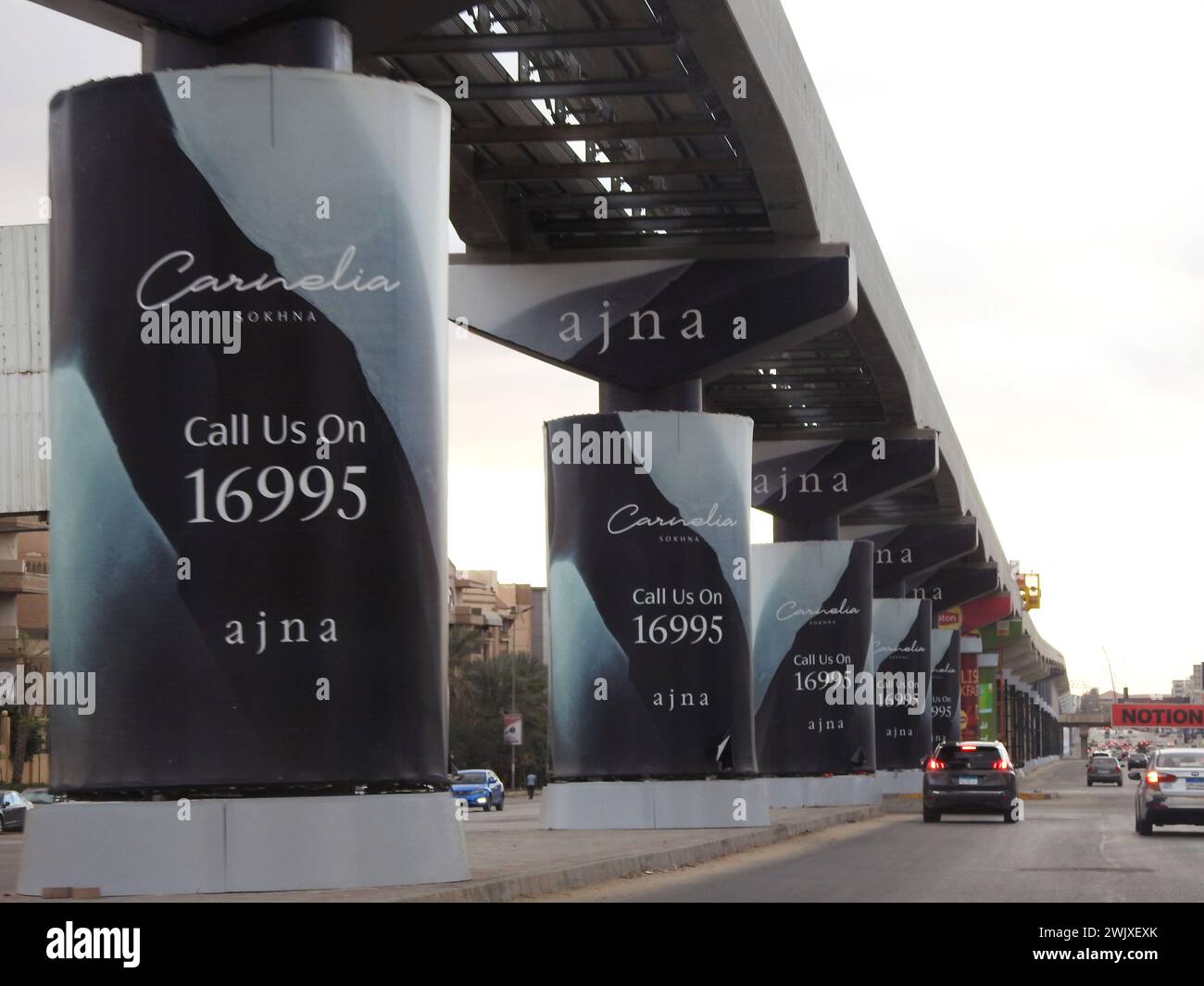 Cairo, Egitto, gennaio 26 2024: Ajna Development Carnelia Sokhna project advertising on Cairo monorail columns, advertising banner pubblicitari Foto Stock