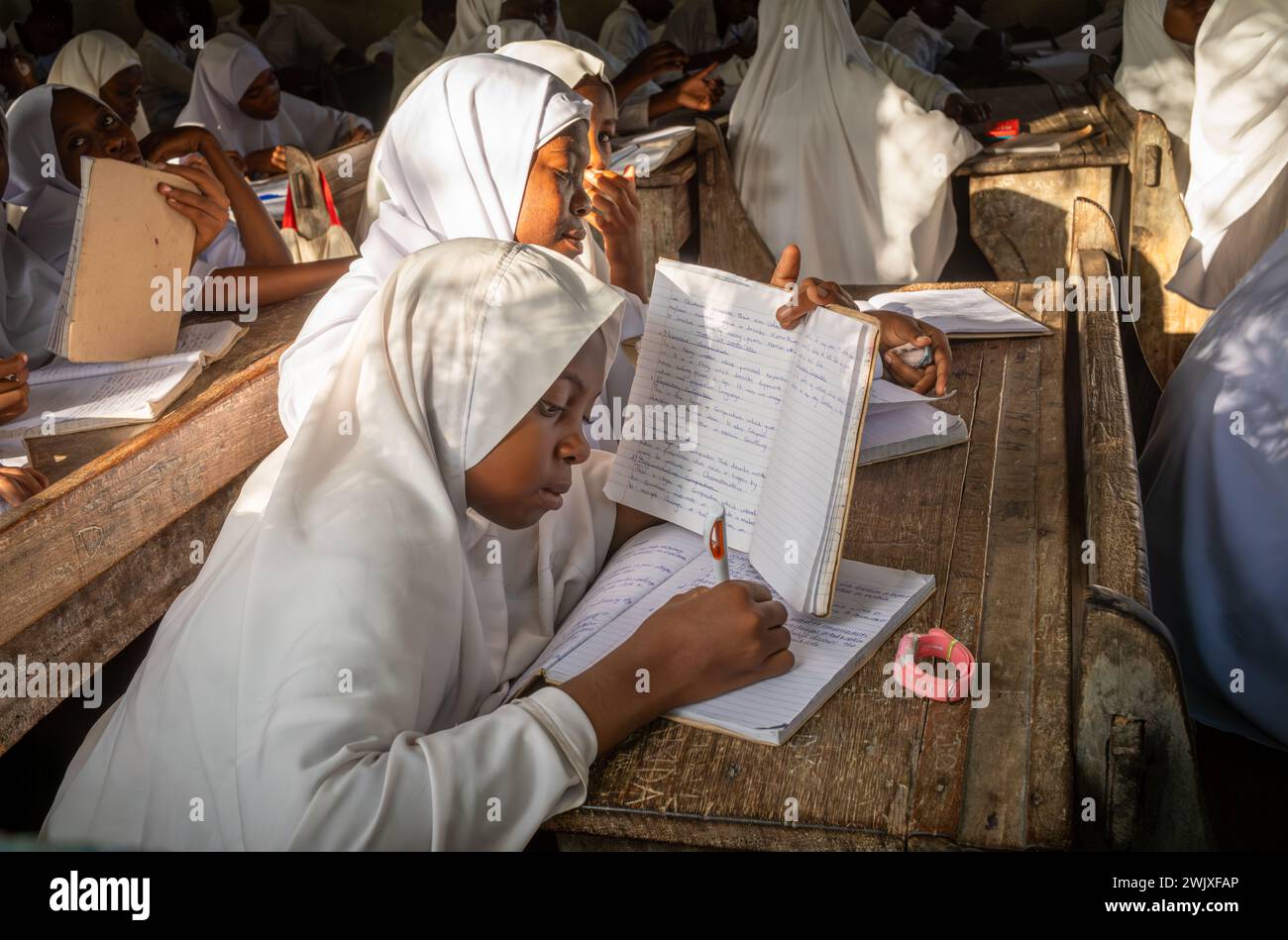 Una ragazza musulmana e altri studenti maschi e femmine in una classe di inglese alla Jambiani Secondary School di Jambiani, Zanzibar, Tanzania. Foto Stock