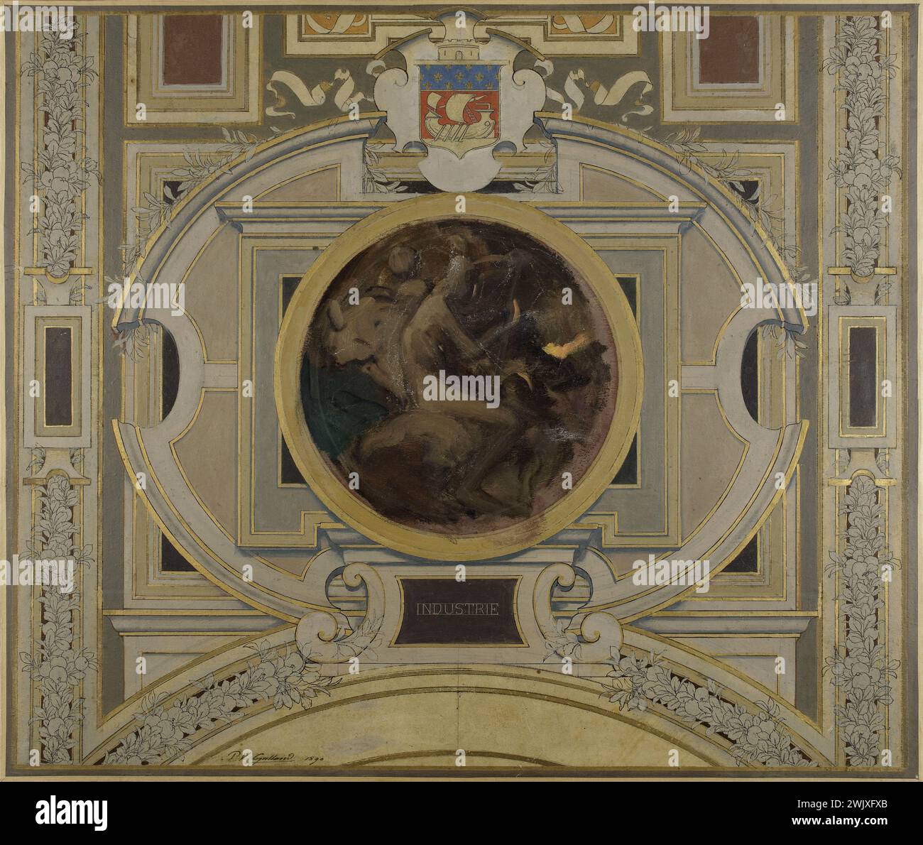 Pierre-Victor Galland (1822-1892). Schizzo per il municipio Galerie des Métiers. Industria. Inchiostro e olio su cartone, 1890. Museo di Belle Arti della città di Parigi, Petit Palais. Bozzetto, galleria di commercianti, municipio, olio su cartone, XIX XIX XIX XIX XIX XIX secolo Foto Stock