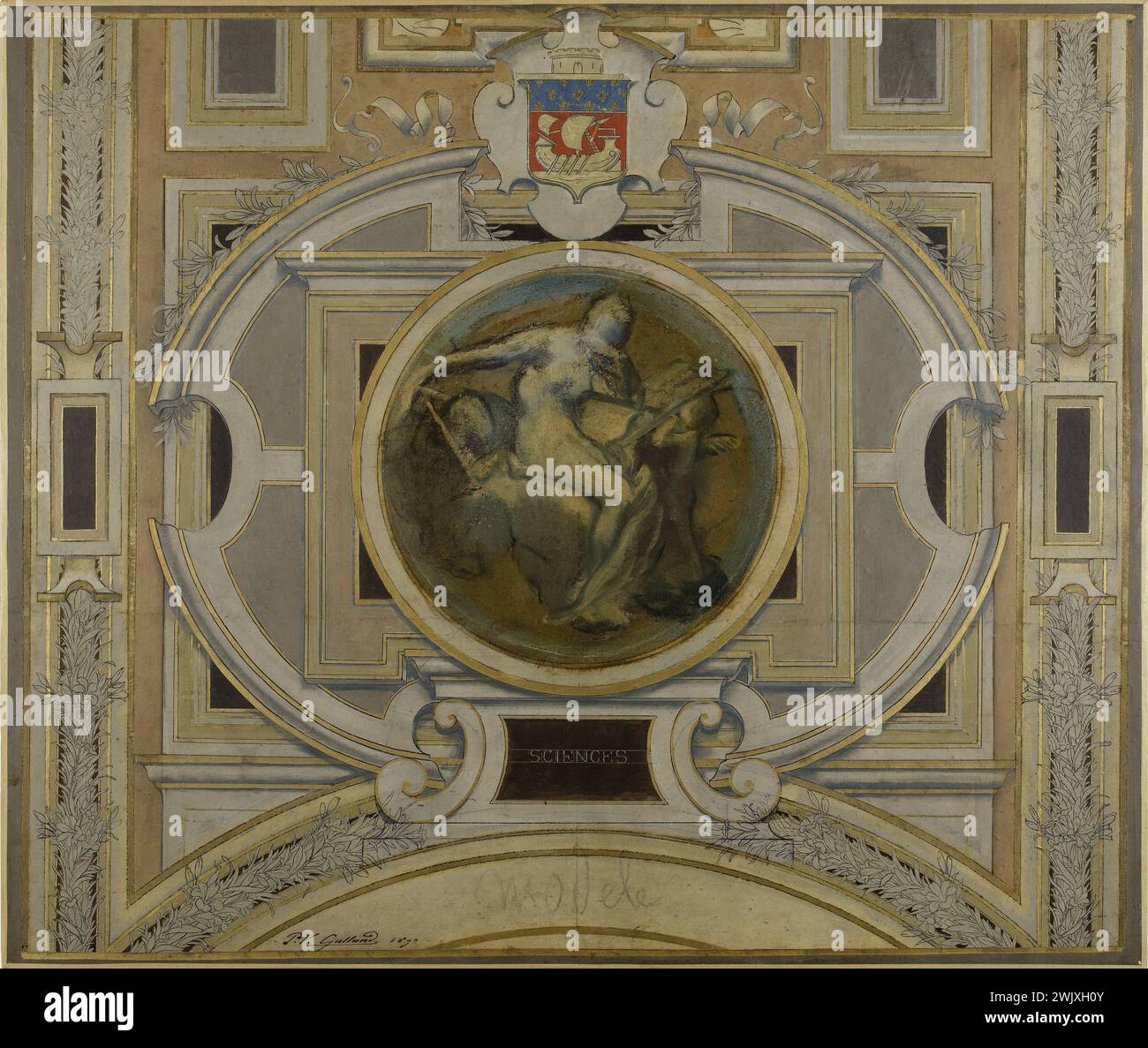 Pierre-Victor Galland (1822-1892). Schizzo per il municipio Galerie des Métiers. Scienze. Inchiostro e olio su cartone, 1890. Museo di Belle Arti della città di Parigi, Petit Palais. Bozzetto, galleria di commercianti, municipio, olio su cartone, XIX XIX XIX XIX XIX XIX secolo Foto Stock