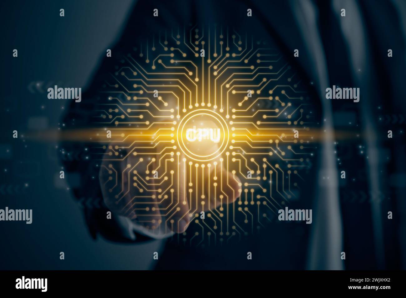 Icona dell'unità di elaborazione centrale CPU e touch screen Businessman e linea di circuiti stampati PCB. Business, tecnologia e innovazione Internet Foto Stock