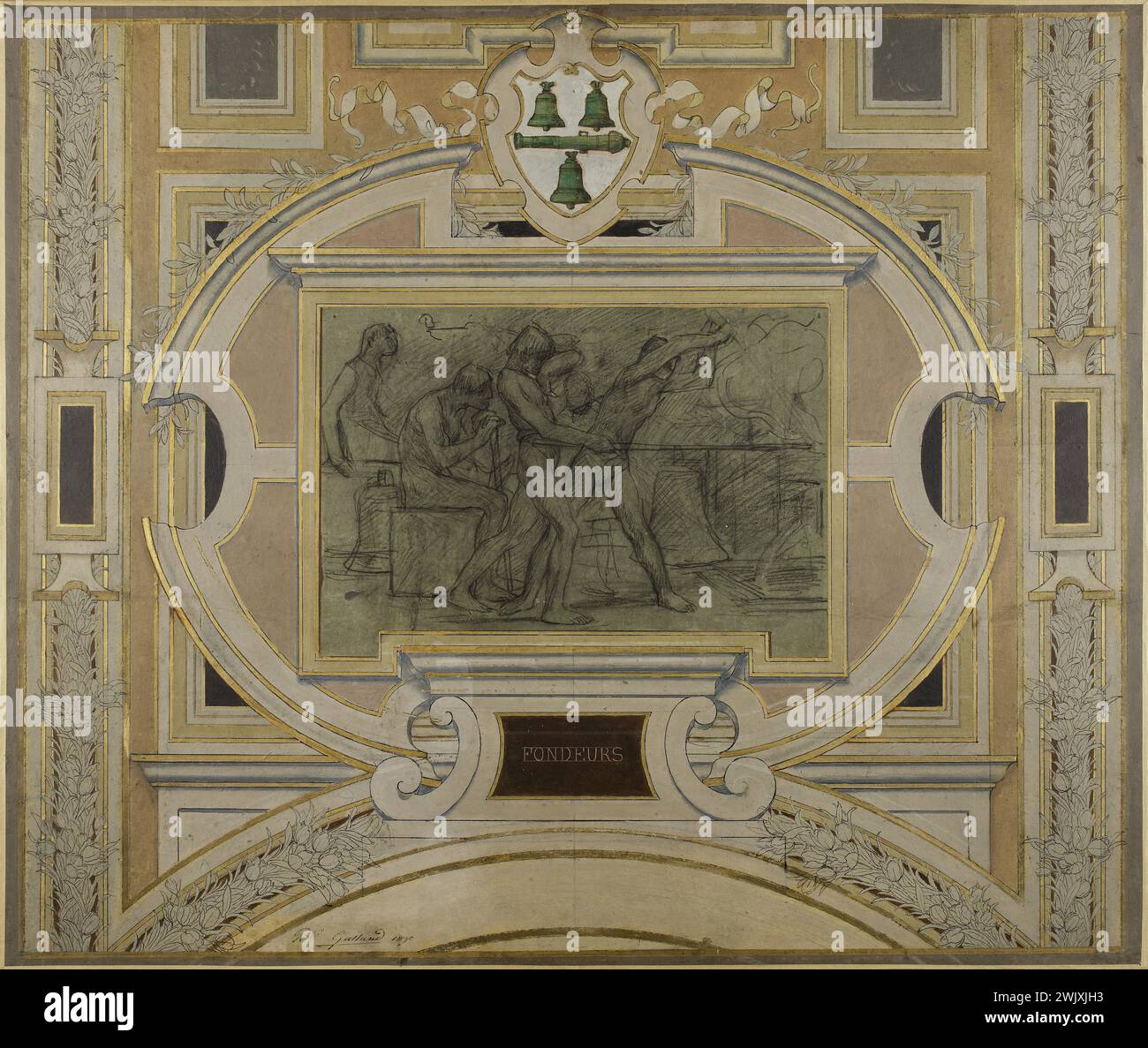 Pierre-Victor Galland (1822-1892). Schizzo per il municipio Galerie des Métiers. Fondatori. Inchiostro e olio su cartone, 1890. Museo di Belle Arti della città di Parigi, Petit Palais. Bozzetto, galleria di commercianti, municipio, olio su cartone, XIX XIX XIX XIX XIX XIX secolo Foto Stock