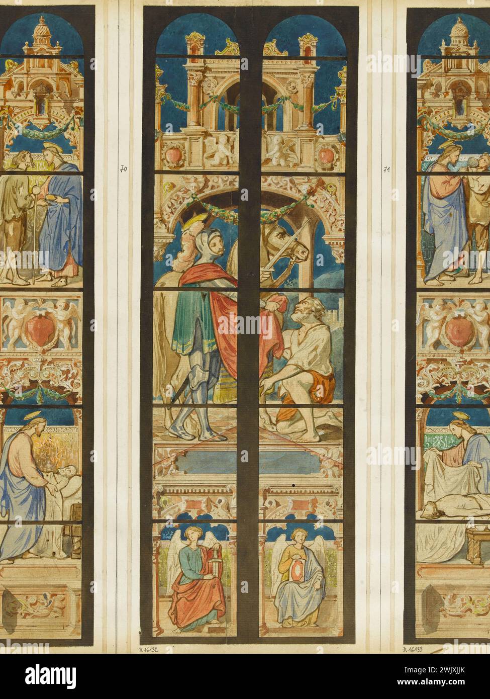 Officina GSELL-Laurent. Album n° 3; progetto vetrate per Saint-Martin de l'Isle-Adam; 2 campate: Saint Martin condivide il suo cappotto. Matita, acquerello, gouache. Parigi, museo Carnavalet. Album n ° 3, cattolico, cristiano, matita, due, Chiesa di Saint-Martin, Eveque Francais, Fenetre, Gouache, Mantle, Share, project, Saint, Travee, Vitrail, acquerello Foto Stock