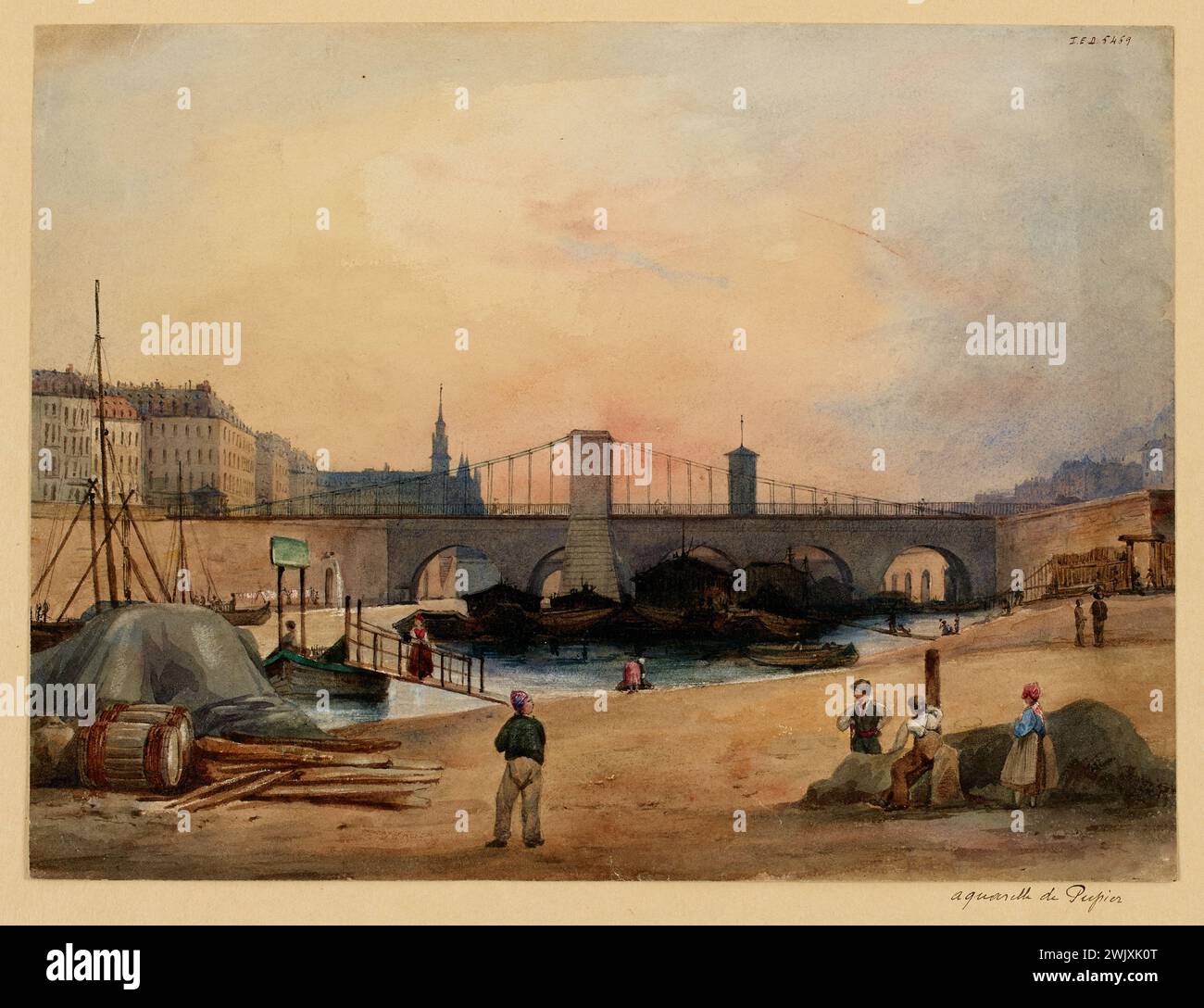 Pupier, Barthélémy dit Camille (n.1799-D.1860), la banca del Quai de l'Hotel-de-Ville, le Quai aux Fleurs e il ponte Arcole. (Titolo fittizio). Museo Carnavalet, storia di Parigi. Foto Stock