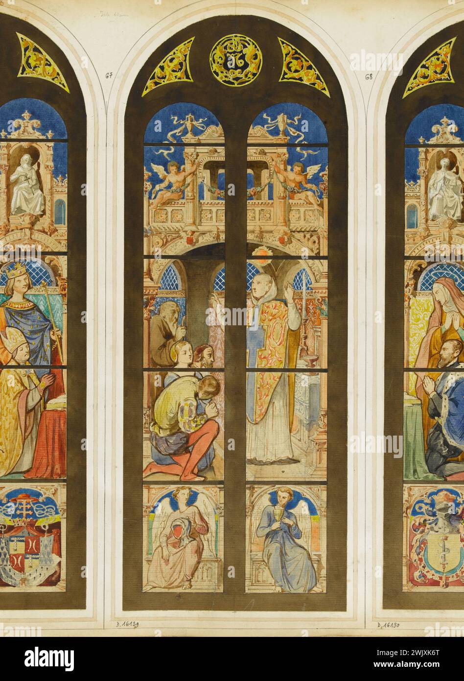 Officina GSELL-Laurent. Album n° 3; progetto in vetro colorato per Saint-Martin de l'Isle-Adam; 2 campate: 1 soggetto. Acquerello, gouache. Parigi, museo Carnavalet. Album n. 3, cattolico, cristiano, due, chiesa di Saint-Martin, Fenetre, Gouache, progetto, oggetto, Travee, Vitrail, Acquerello, Scene Foto Stock