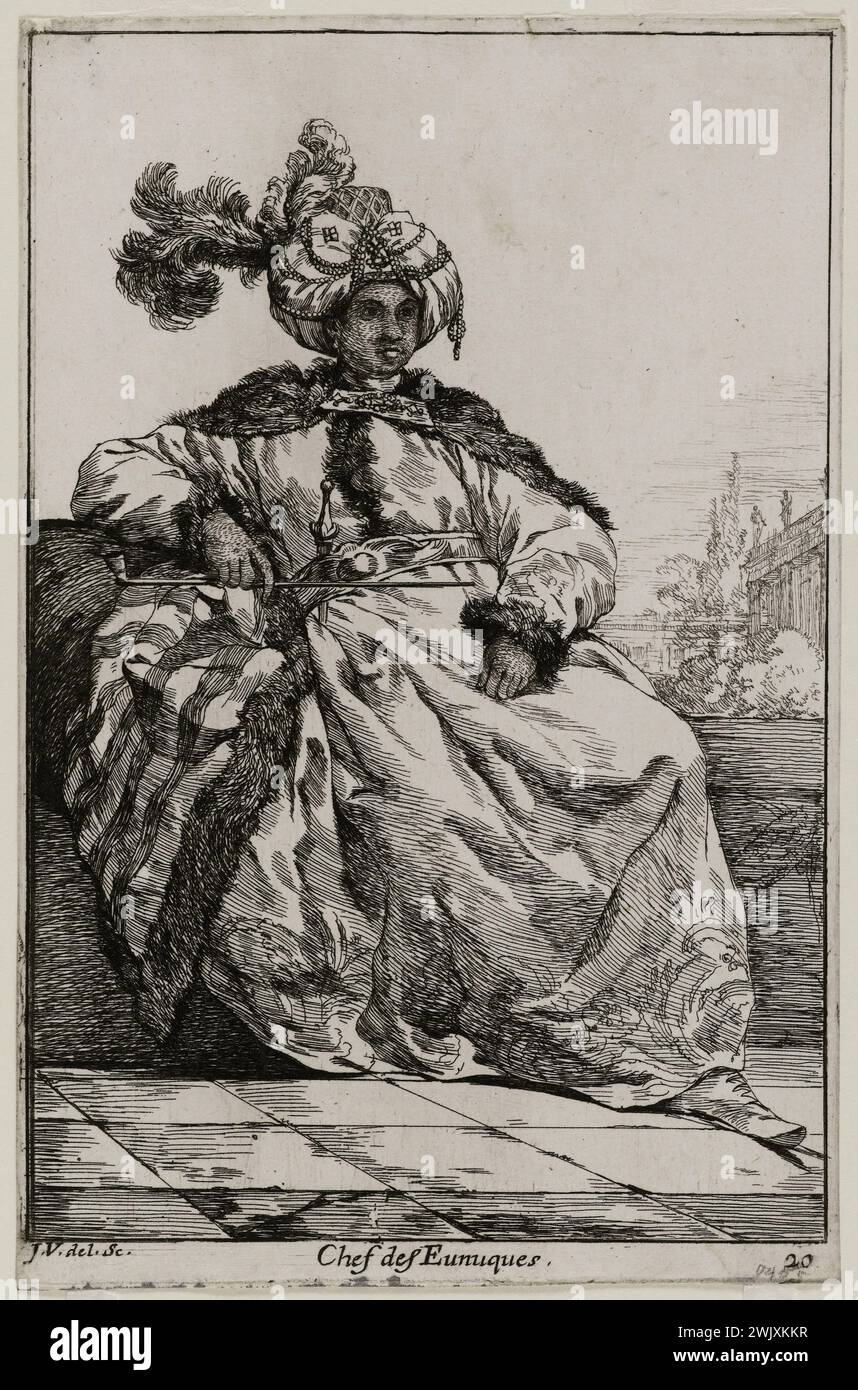 Joseph-Marie Vien (1716-1809). La carovana del Sultano alla Mecca. Il capo degli eunuchi. Incisione (incisione). 1748. Museo di Belle Arti della città di Parigi, Petit Palais. 71752-29 Costume, incisione, eunuco, fantasia, guardiano, uomo, mascherata, orientale, personaggio, 18 18 18 18 18 18 18 18 18 18 18 xviii secolo, incisione Foto Stock