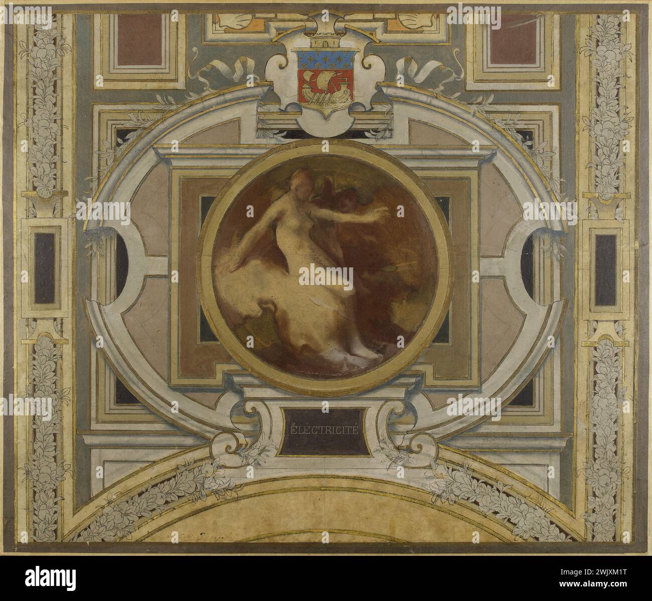 Pierre-Victor Galland (1822-1892). Schizzo per il municipio Galerie des Métiers. Elettricità. Inchiostro e olio su cartone, 1890. Museo di Belle Arti della città di Parigi, Petit Palais. Bozzetto, galleria di commercianti, municipio, olio su cartone, XIX XIX XIX XIX XIX XIX secolo Foto Stock