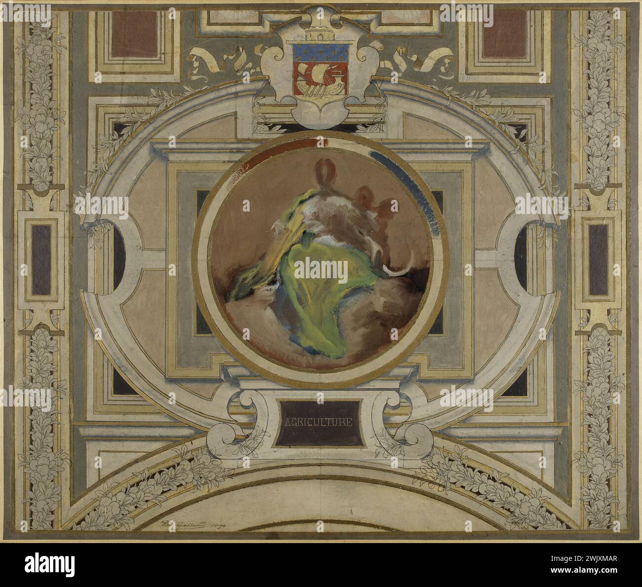 Pierre-Victor Galland (1822-1892). Schizzo per il municipio Galerie des Métiers. Agricoltura. Inchiostro e olio su cartone, 1890. Museo di Belle Arti della città di Parigi, Petit Palais. Bozzetto, galleria di commercianti, municipio, olio su cartone, XIX XIX XIX XIX XIX XIX secolo Foto Stock