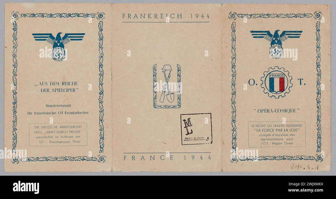 Anonymous (n. - d.), 1944 opera - programma comico (nome usuale), 1944. Museo della Liberazione di Parigi - Museo generale Leclerc - Museo Jean Moulin. Emblema della Germania nazista che si affaccia su un simbolo dell'O.T., il tutto incorniciato da una ghirlanda di foglie di quercia. Foto Stock