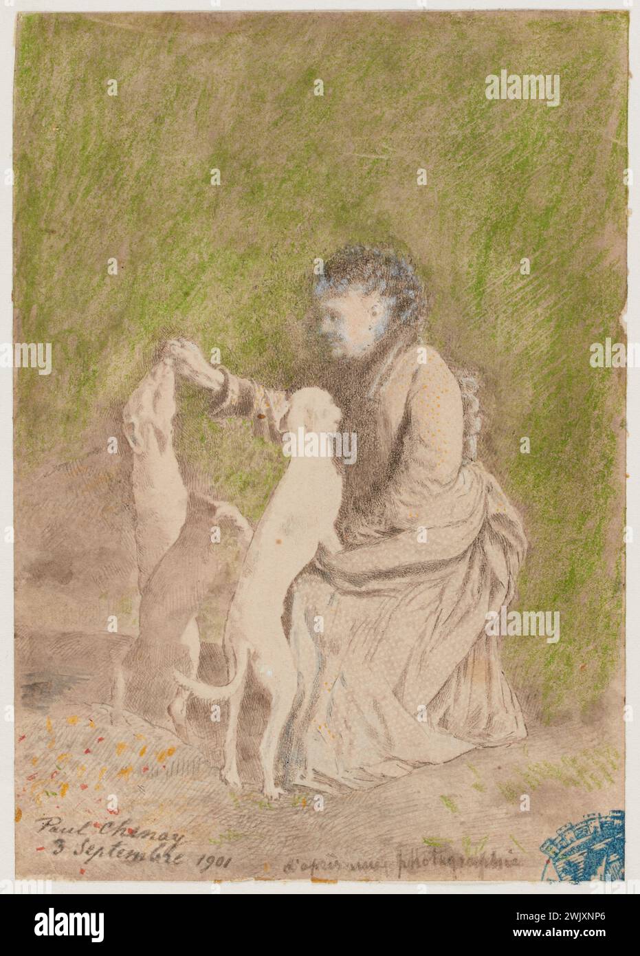 Chenay, Paul (n.1818-D.1906-03-09), Julie Chenay con due cani, miniera di grafite, Blurs. Matita verde su carta. Case di Victor Hugo Parigi - Guernsey. Foto Stock