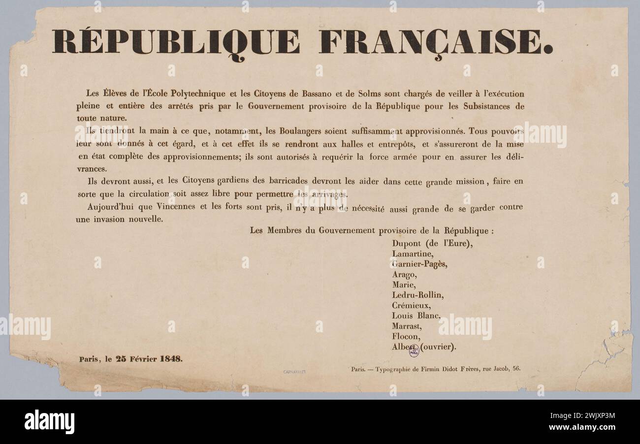 Firmin Didot Frères, Repubblica francese./ gli alunni dell'Ecole Polytechnique e i cittadini di Bassano e Solms sono responsabili dell'esecuzione/integrale e integrale dei decreti adottati dal governo provvisorio della Repubblica per la sussistenza di ogni natura. (Titolo iscritto (lettera)), 1848. Museo Carnavalet, Histoire de Paris. Foto Stock