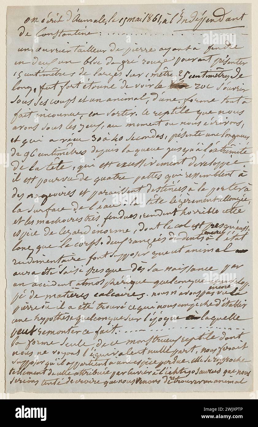 Drouet, Juliette (Julienne Gauvain, dit) (n.1806-04-10-D.1883-05-11), mansucrite copia di un articolo sul giornale "l'Indépendant de Constantine", 15 maggio 1861 (titolo fittizio), 1861-05. Inchiostro su carta. Case di Victor Hugo Parigi - Guernsey. Foto Stock