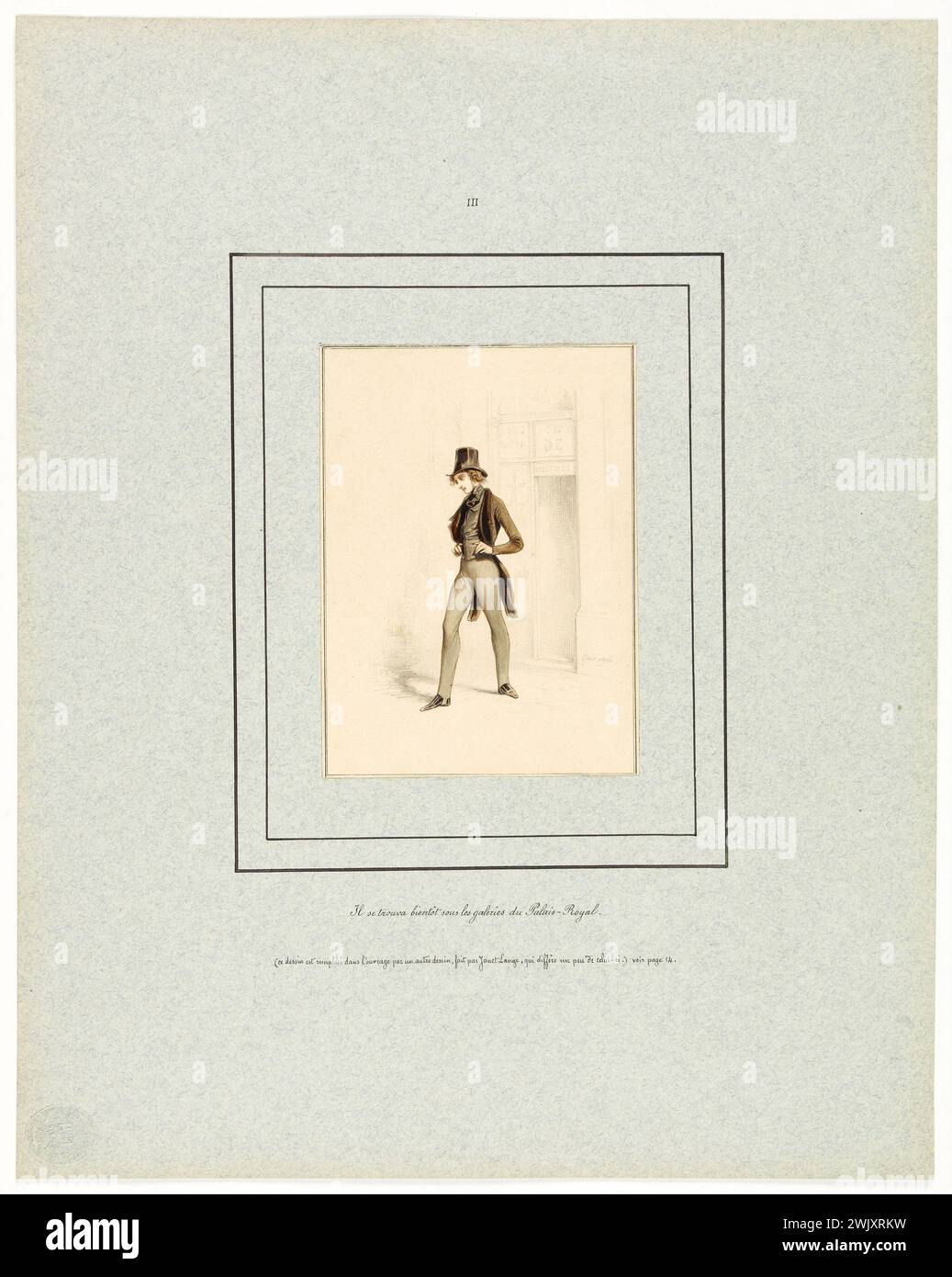 Paul Gavarni (1804-1866). La pelle del dolore per l'edizione Delloye e Lecou (1838). 'Si trovò presto sotto le gallerie del Palais-Royal' (placca III). Illustrazione dell'opera di Honoré de Balzac (1799-1850). Disegno della miniera di piombo e miglioramento del gouache. 1838. Parigi, Maison de Balzac. 101565-7 disegno, 19° XI° 19° 19° 19° 19° 19° 19° Centro Foto Stock