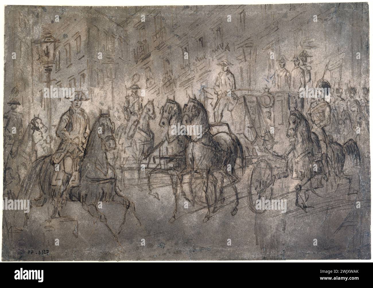 Constantin Guys (1802-1892). "Auto di gala sui viali". Inchiostro cinese e lavare su carta molto leggera. Museo delle Belle Arti della città di Parigi, Petit Palais. 39723-1 Tetlee, cavallo, inchiostro della Cina, lavaggio, notte, giornale, sera, gala d'auto Foto Stock