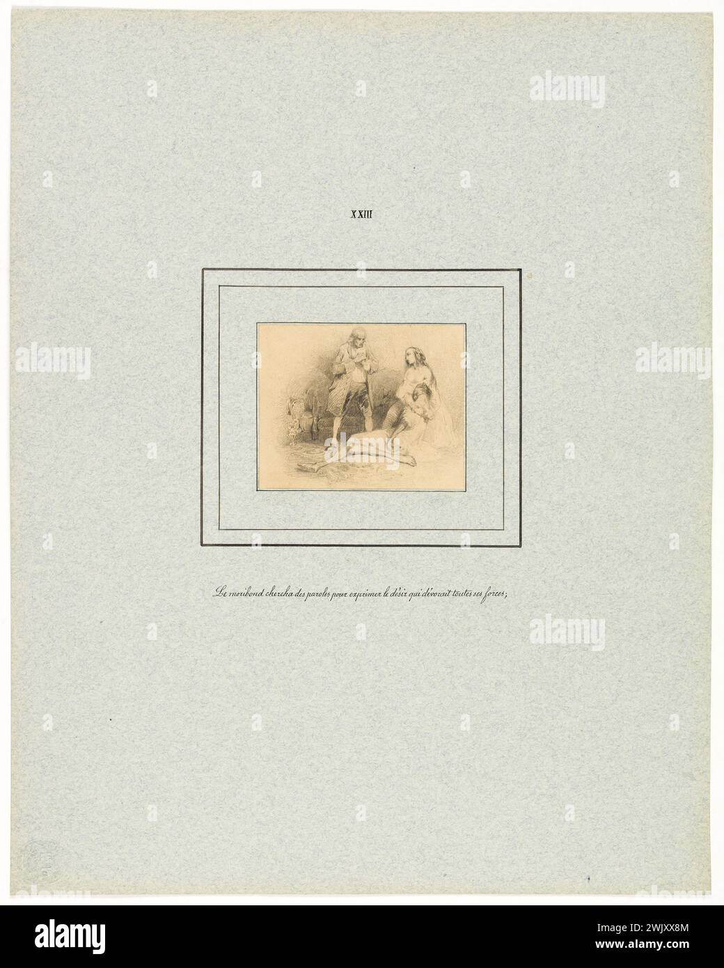 La pelle del dolore per l'edizione Delloye e Lecou (1838). L’uomo morente ha cercato parole da esprimere… (Planche XXIII). Illustrazione dell'opera di Honoré de Balzac (1799-1850). Disegno a matita di piombo. 1838. Parigi, Maison de Balzac. 101565-27 disegno, 19° XI° 19° 19° 19° 19° 19° 19° Centro Foto Stock