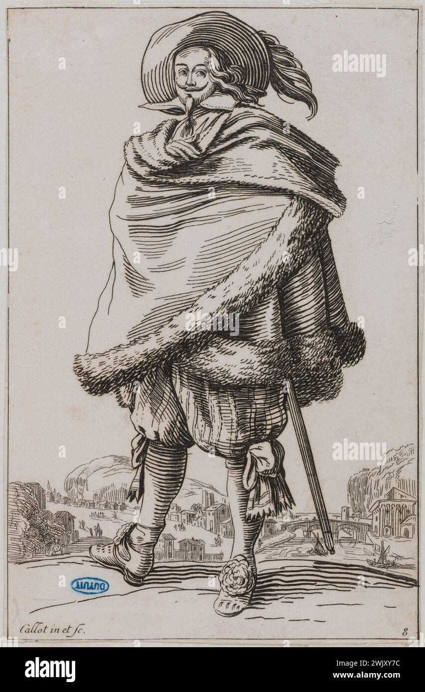 Jacques Callot (1592-1635). La nobiltà, il gentiluomo avvolto nel suo cappotto delimitato da pellicce. Decimo numero di una suite di 12 pezzi (Lieure 558, Meaume 676). Incisione. prima metà del xvi secolo. Museo delle Belle Arti della città di Parigi, Petit Palais. 99601-30 incisione, incisione Foto Stock