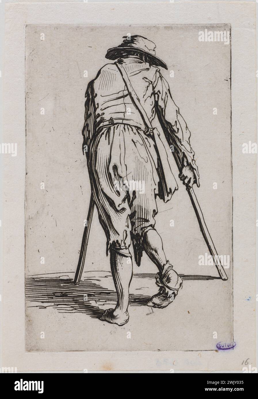 Jacques Callot (1592-1635). "I mendicanti, il mendicante con le stampelle che indossano un cappello e visto dalla schiena. Quinto numero di una suite di 25 pezzi (Lieure 483, Meaume 689). Incisione. 1622-1623. Museo delle Belle Arti della città di Parigi, Petit Palais. 99602-24 incisione, incisione Foto Stock