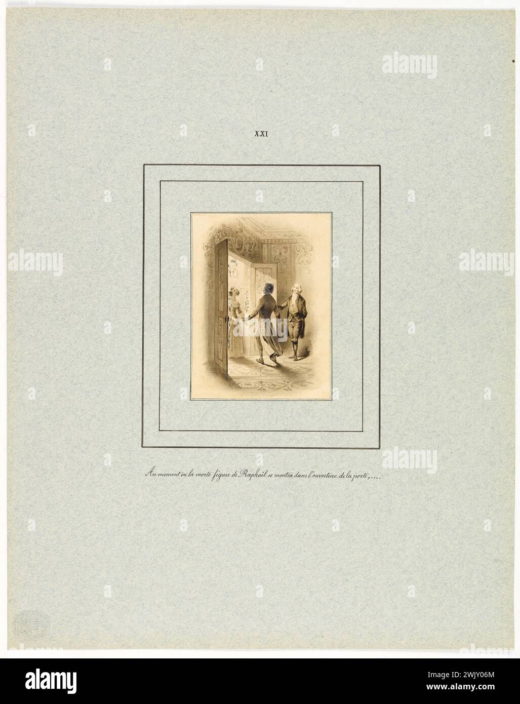 La pelle del dolore per l'edizione Delloye e Lecou (1838). Quando la figura morta di Raphaël… (Piastra XXI). Illustrazione di 'la Comédie Humaire d'Honoré de Balzac (1799-1850). Disegno della miniera di piombo e miglioramento della vernice nera e del bianco piombo. 1838. Parigi, Maison de Balzac. 101565-25 disegno, 19° XI° 19° 19° 19° 19° 19° 19° Centro Foto Stock