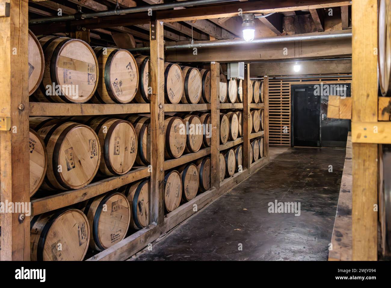 Botti di whisky invecchiate in una delle botti della distilleria Jack Daniel di Lynchburg, Tennessee Foto Stock
