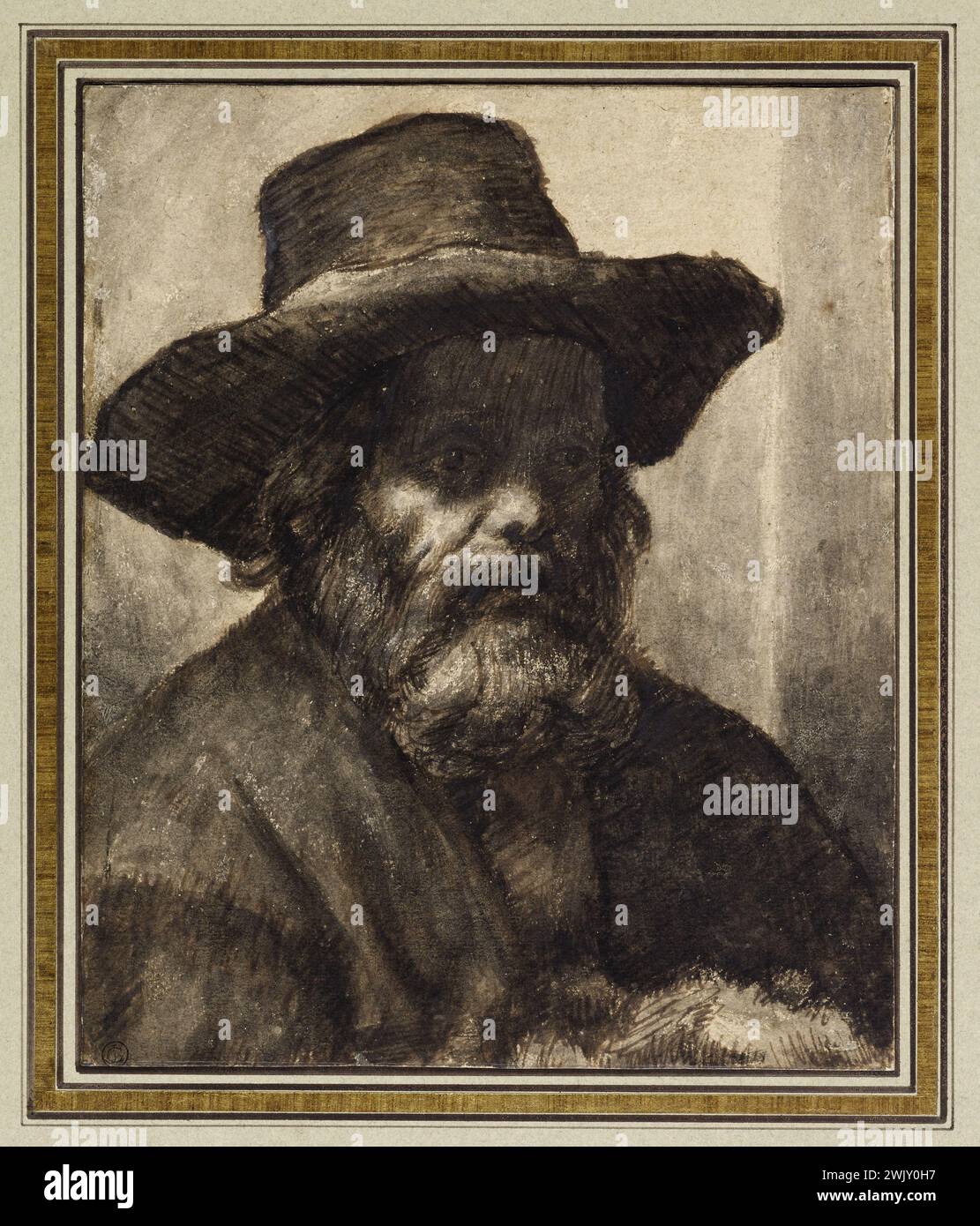 Rembrandt Harmenszoon van Rijn (1606-1669), pittore olandese. Uomo barbuto mezzo corpo, tre quarti a destra, con un cappello dai lati larghi. Pietra nera e piuma, lavati con bistre. Museo delle Belle Arti della città di Parigi, Petit Palais. 78832-19 Chiaroscuro, copricapo, scuola olandese, busto, ritratto, stile barocco, XVII XVII XVII XVII XVII XVII XVII XVII XVII XVII XVII secolo, cappello Foto Stock