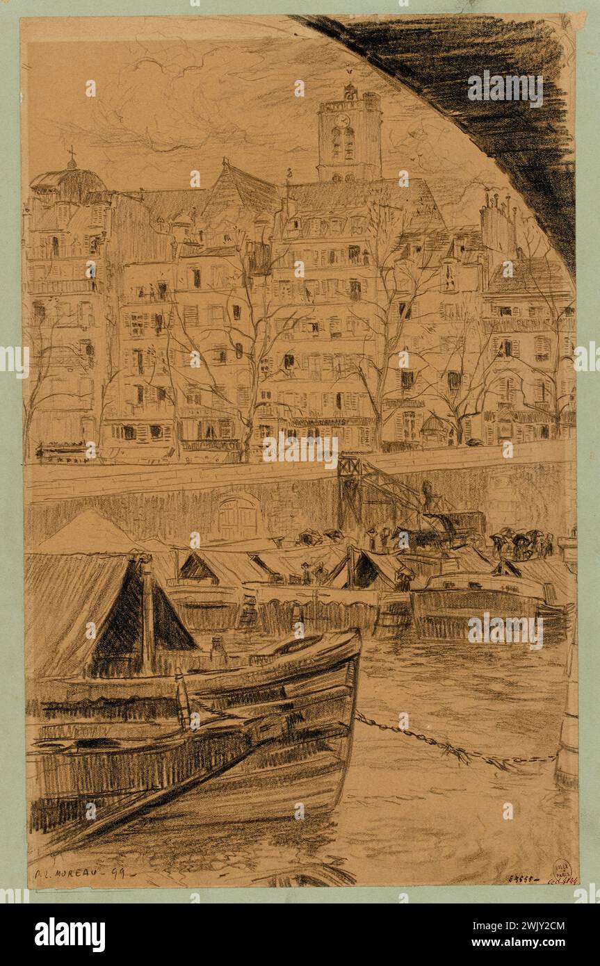 Moreau, Pierre Louis, la banchina del municipio e la chiesa di Saint-Gervais, il mercato delle mele. (Titolo fedele), 1899. Museo Carnavalet, storia di Parigi. Foto Stock