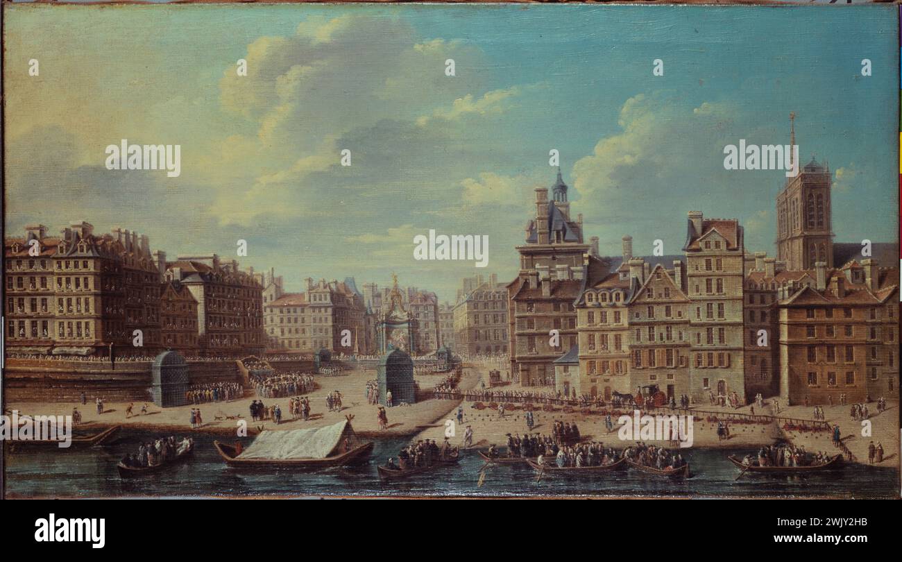 Nicolas e Jean-Baptiste Raguenet (attivi nel XVIII secolo). "Festival ha dato luogo di sciopero in occasione della nascita della principessa Maria Teresa, figlia del delfino, nel luglio 1746". Olio su tela, 1754. Parigi, museo Carnavalet. 25519-1 barca, barca, data, figlia delfini, fiume Senna, Paris City Hotel, 4° 4° arrondissement, nascita, Place Greve, Principessa, olio su tela, scena Foto Stock