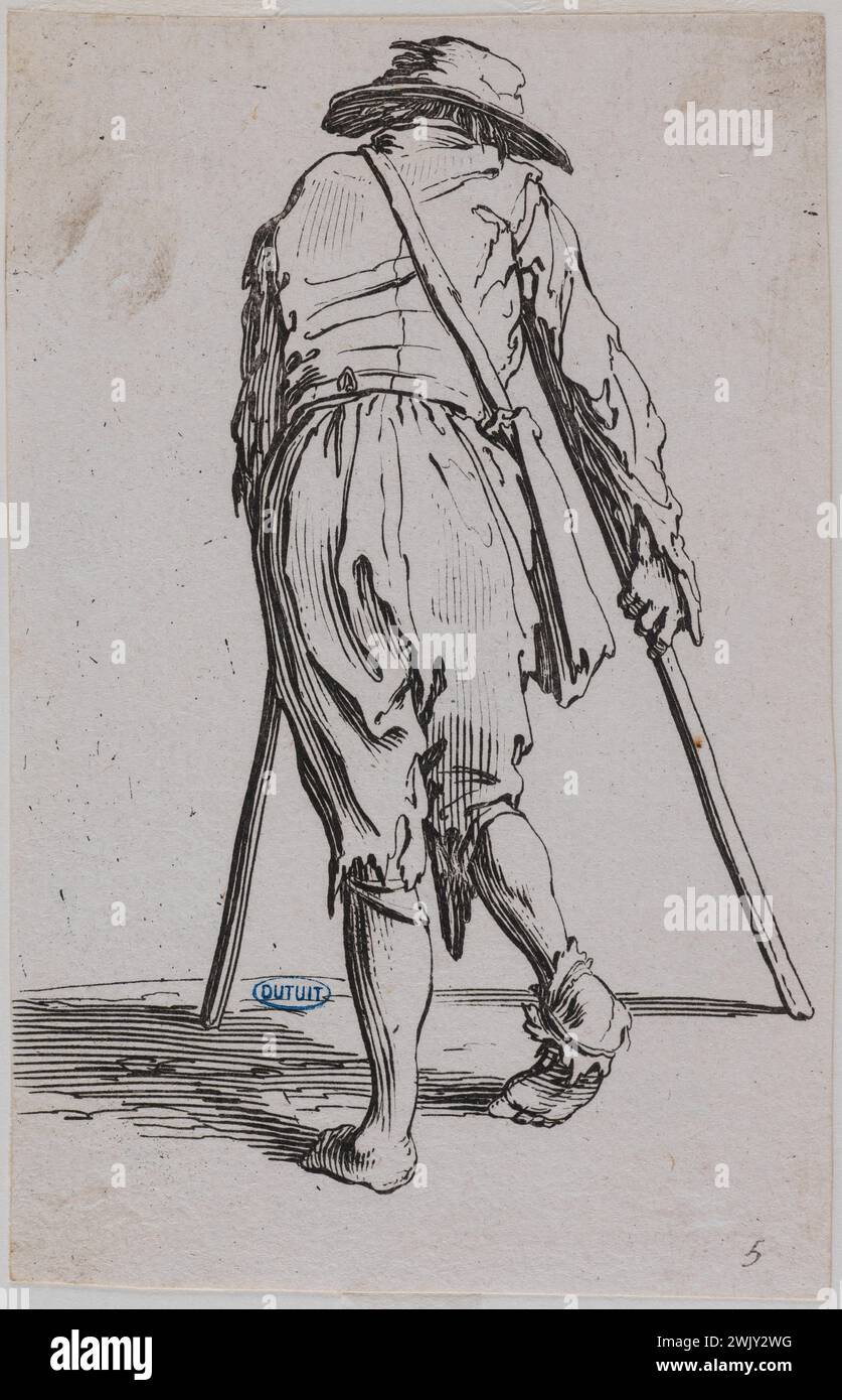 Jacques Callot (1592-1635). "I mendicanti, il mendicante con le stampelle che indossano un cappello e visto dalla schiena. Quinto numero di una suite di 25 pezzi (Lieure 483, Meaume 689). Incisione. 1622-1623. Museo delle Belle Arti della città di Parigi, Petit Palais. 99602-25 incisione, incisione Foto Stock