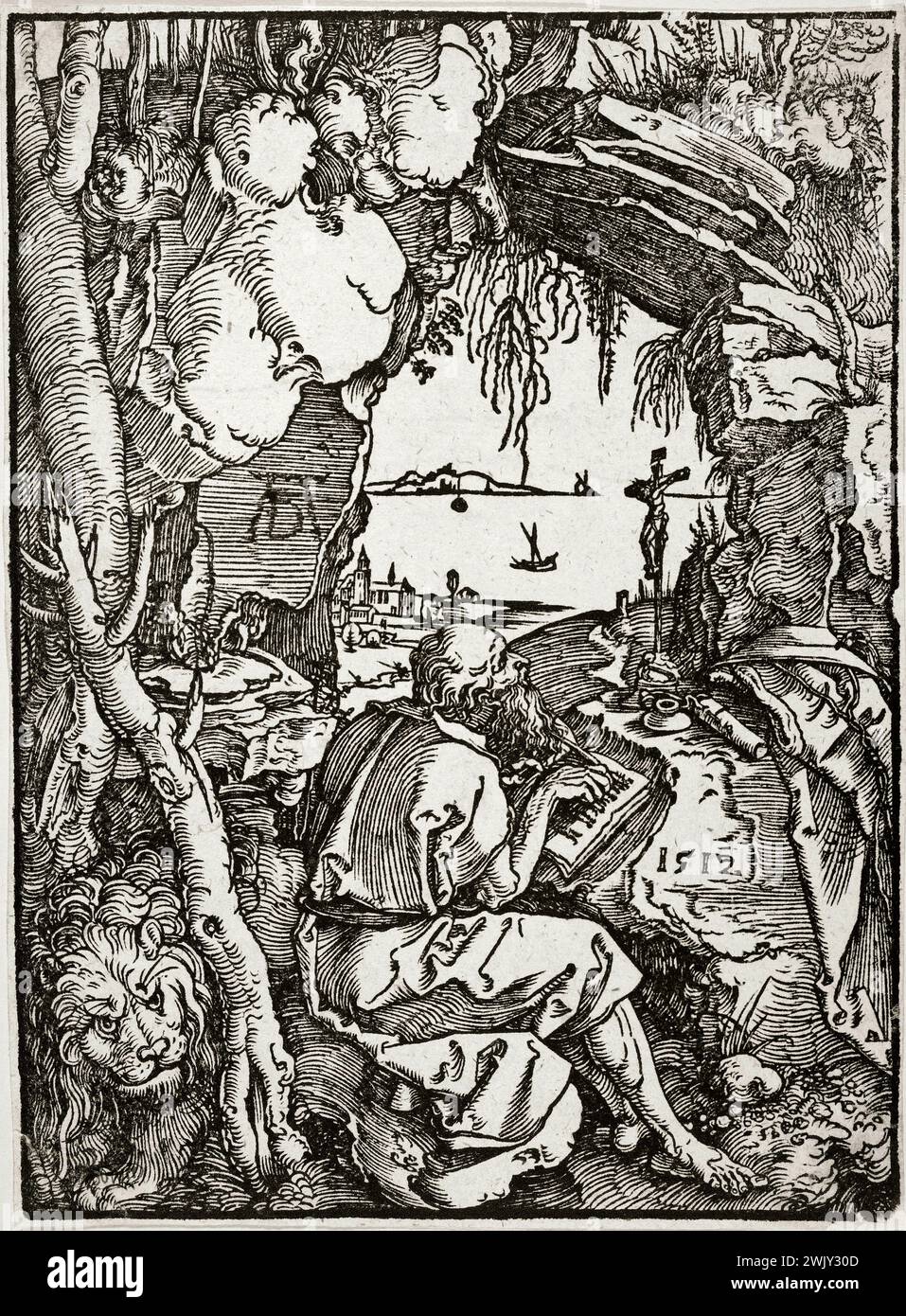 Albrecht Dürer (1471-1528). "Saint Jérôme in una grotta. Bartsch 113'. Incisione in legno, 1512. Museo delle Belle Arti della città di Parigi, Petit Palais. Cattolici, cristiani, scrivere, scrivere, incidere legno, grotta, Chiesa del padre, Santo Foto Stock