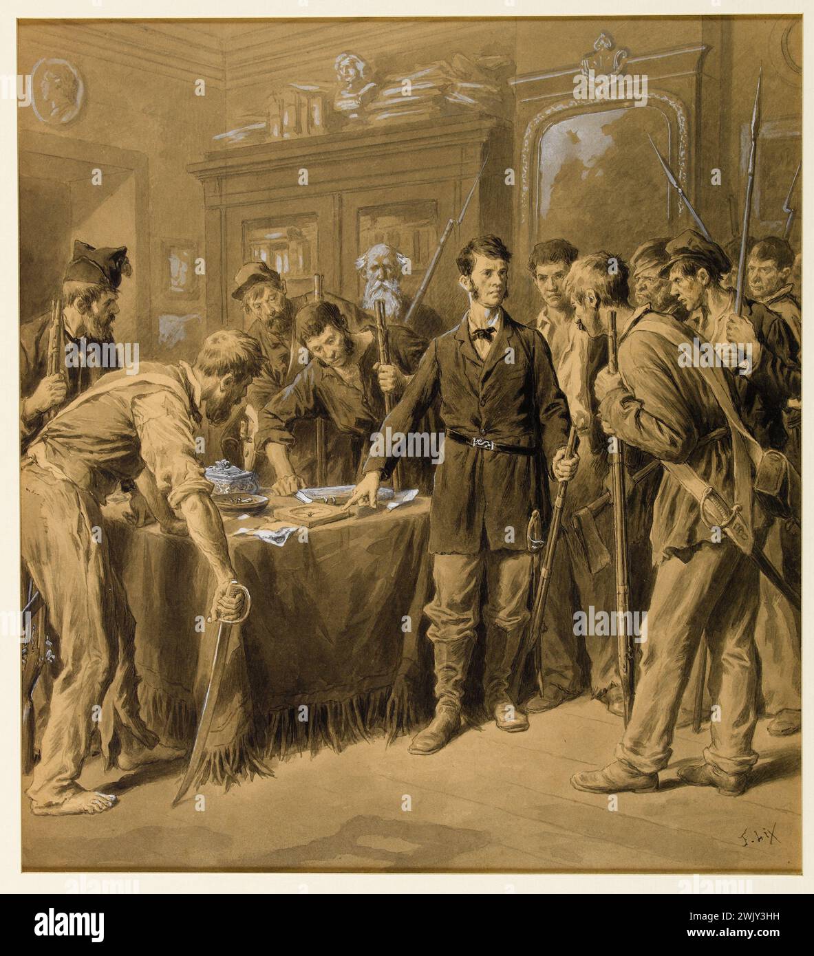 Frédéric Théodore Lix (1830-1897). Invasione dell'appartamento di Victor Hugo, Place Royale, da parte dei rivoltosi del giugno 1848 - la visita domiciliare. Inchiostro, piume, guazzo bianco. S.D. Paris, casa di Victor Hugo. DISEGNO Foto Stock