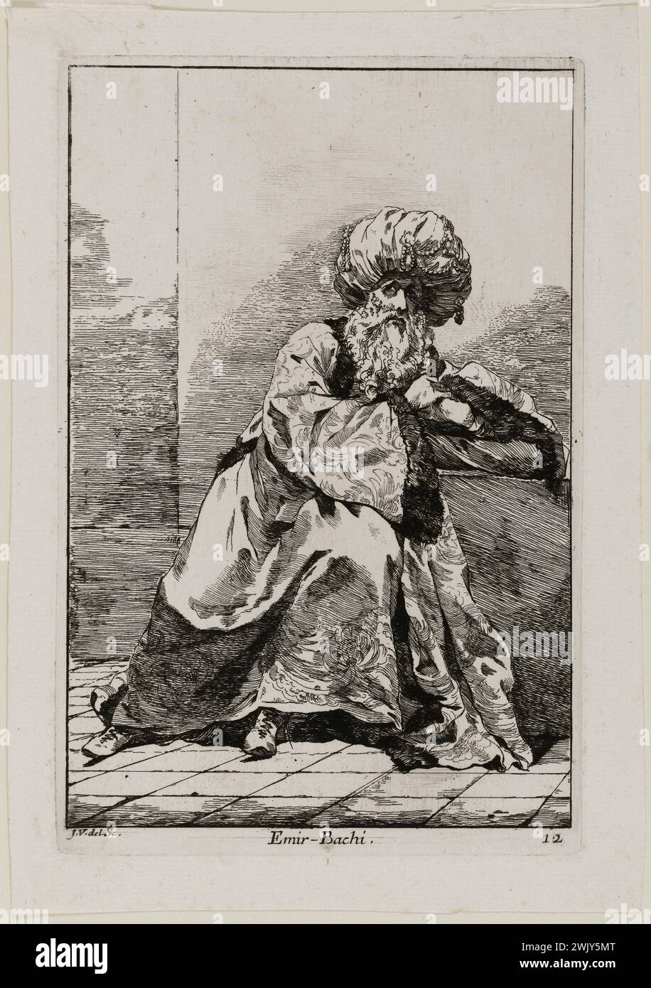 Joseph-Marie Vien (1716-1809). "La carovana del Sultano alla Mecca". Emir Bachi. Incisione (incisione). 1748. Museo di Belle Arti della città di Parigi, Petit Palais. 74201-11 CHEFFE, COMEDIE, COSTUM, EAUTURE, EMIR, fantasia, uomo, musulmano, orientale, personaggio, Turban, 18 18 18 18 18 18 18 18 18 xviii secolo, incisione Foto Stock